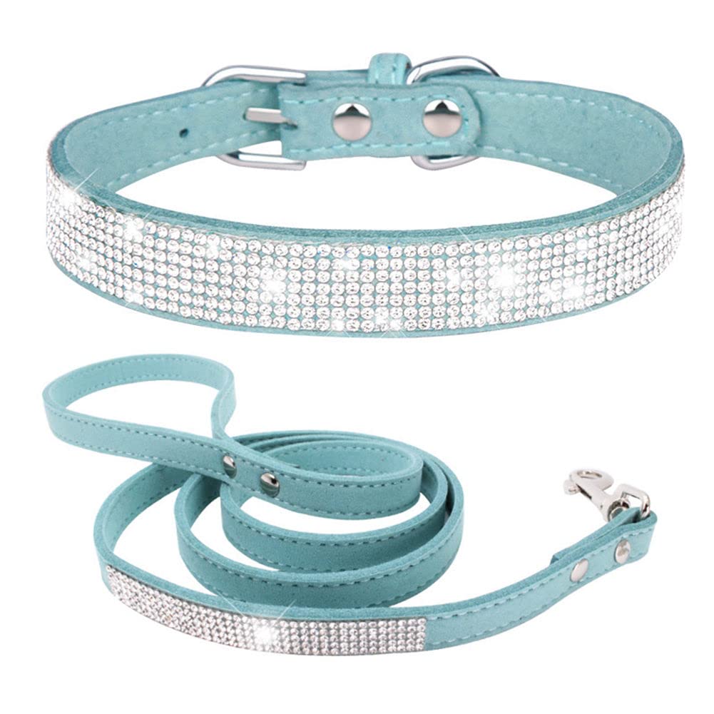 Small Dog Collar And Leash Set With Rhinestone Bow Knot Crystal Diamond Colorful Bling Girl Cat Collars Light Blue M