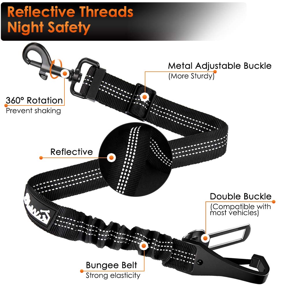 Slowton Dog Seat Belt, Adjustable Dog Safety Belt Leash, 2 In 1 Latch Bar Attachment Dog Car Seatbelt With Elastic Nylon Bungee Buffer, Reflective Nylon Belt Tether Connect To Dog Harness (2Black)