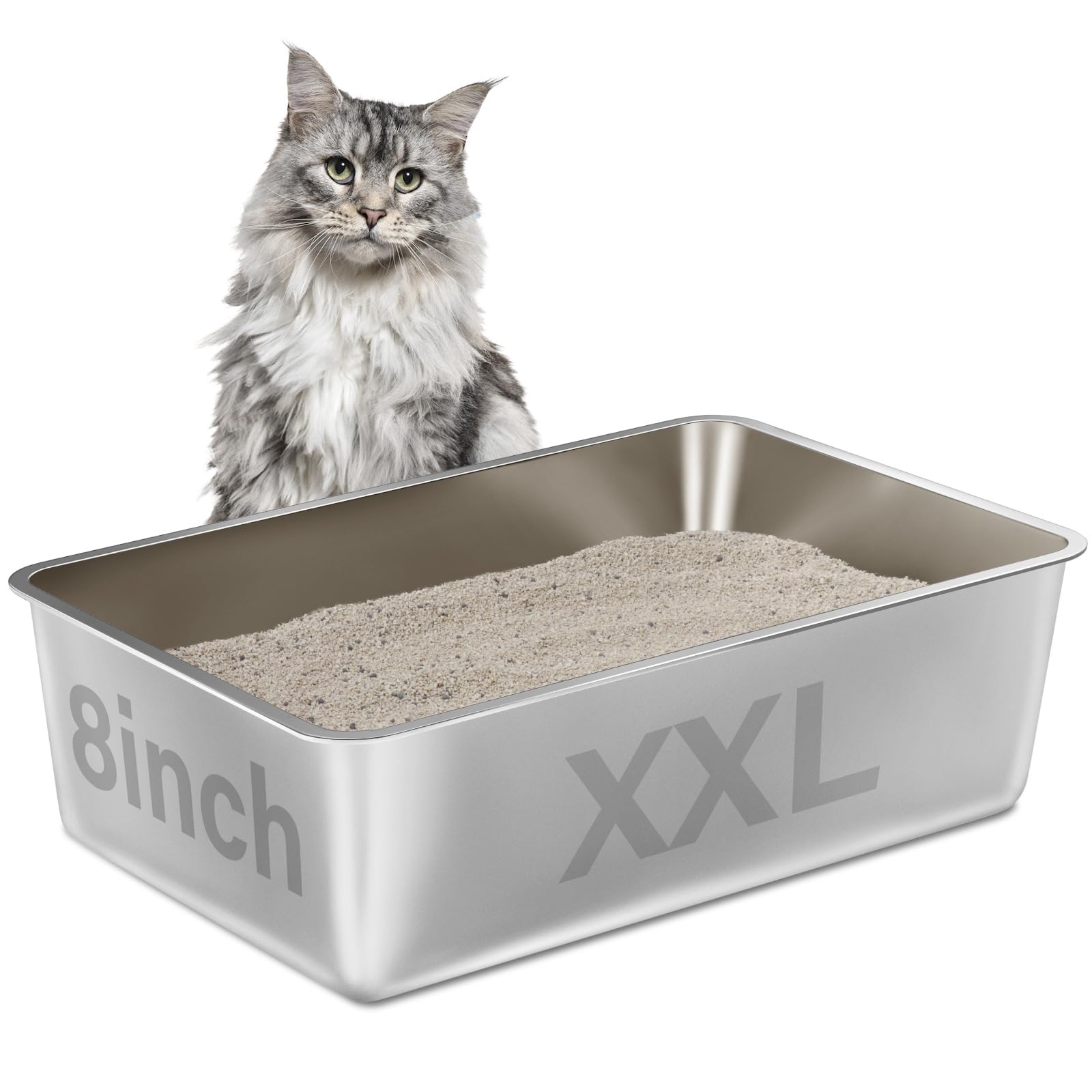 Nyutu Stainless Steel Litter Box, 23.6X15.8X8 Inch(Deep) Stainless Steel Cat Litterbox Xxl With High Sides, Non Stick No Smell E