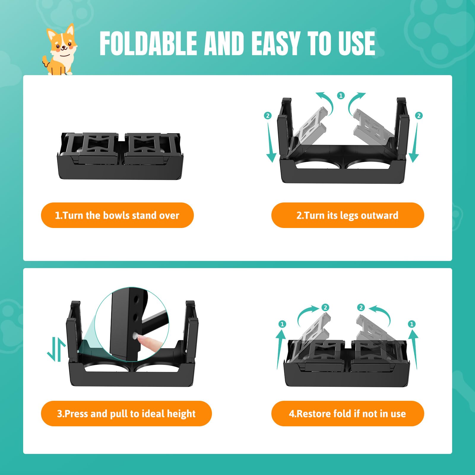 Elevated Dog Bowls Stand Adjustable 5 Heights, 45Cm Foldable Dog Feeding Station With 2 Stainless Steel Bowls, Pet Bowl Elevated