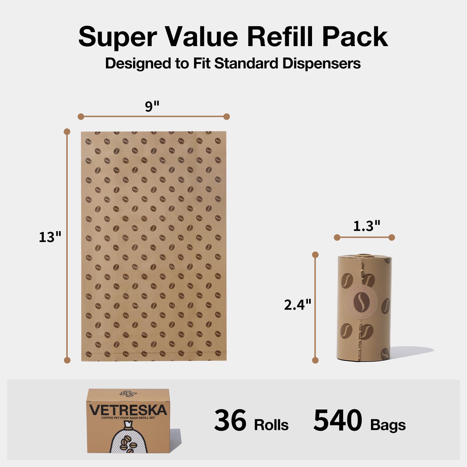 VETRESKA Coffee Scented Dog Poop Bags - 540 Count, Leak Proof, Extra Thick, 9 x 13 Large Waste Bags for Dogs & Cats - 36 Rolls