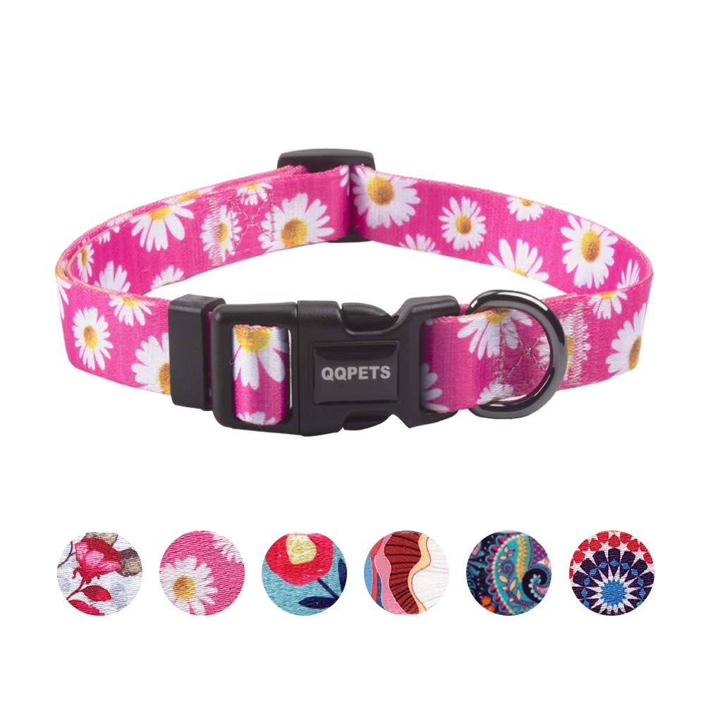 Qqpets Adjustable Soft Dog Collar: Print Flower Pink Multicolor Cute Patterns For Xs Small Medium Large Pet Girl Boy Puppy Walki