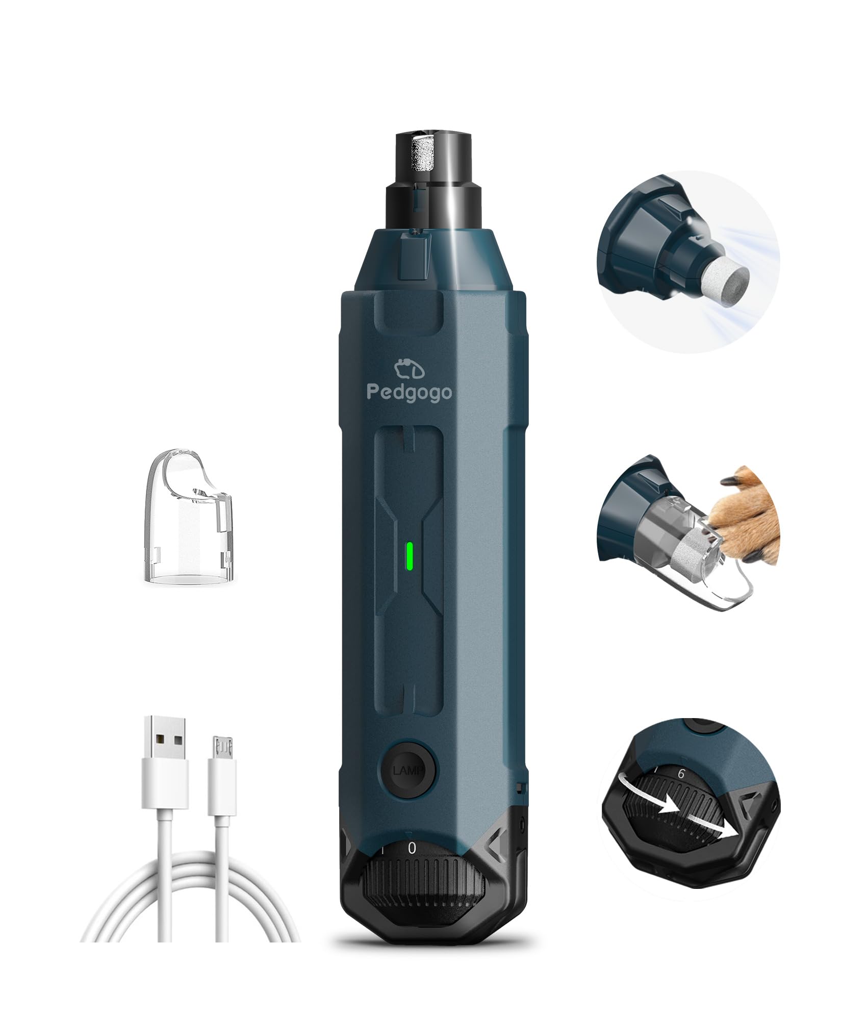 Pedgogo Dog Nail Grinder Super Quiet (45 Db) 6-Speed Pet Nail Grinder With 2 Led Lights 12000Rpm & Professional 3 Grinding Ports