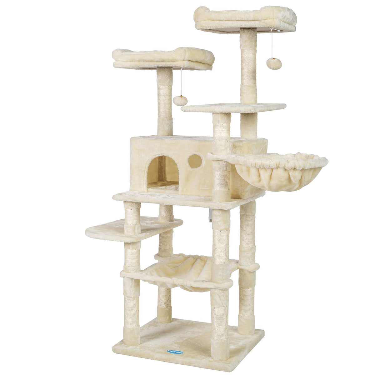 Hey-Brother Cat Tree For Large Cats, Cat Tower With Scratching Posts, 2 Padded Plush Perches, Big Condo And Cozy Basket, Beige M