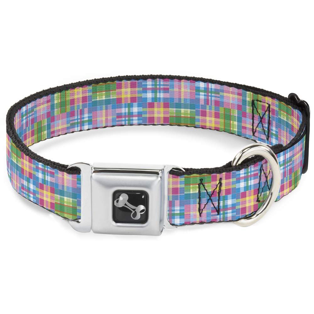 Buckle-Down Seatbelt Buckle Dog Collar - Madras Plaid Pink - 1.5'' Wide - Fits 18-32'' Neck - Large