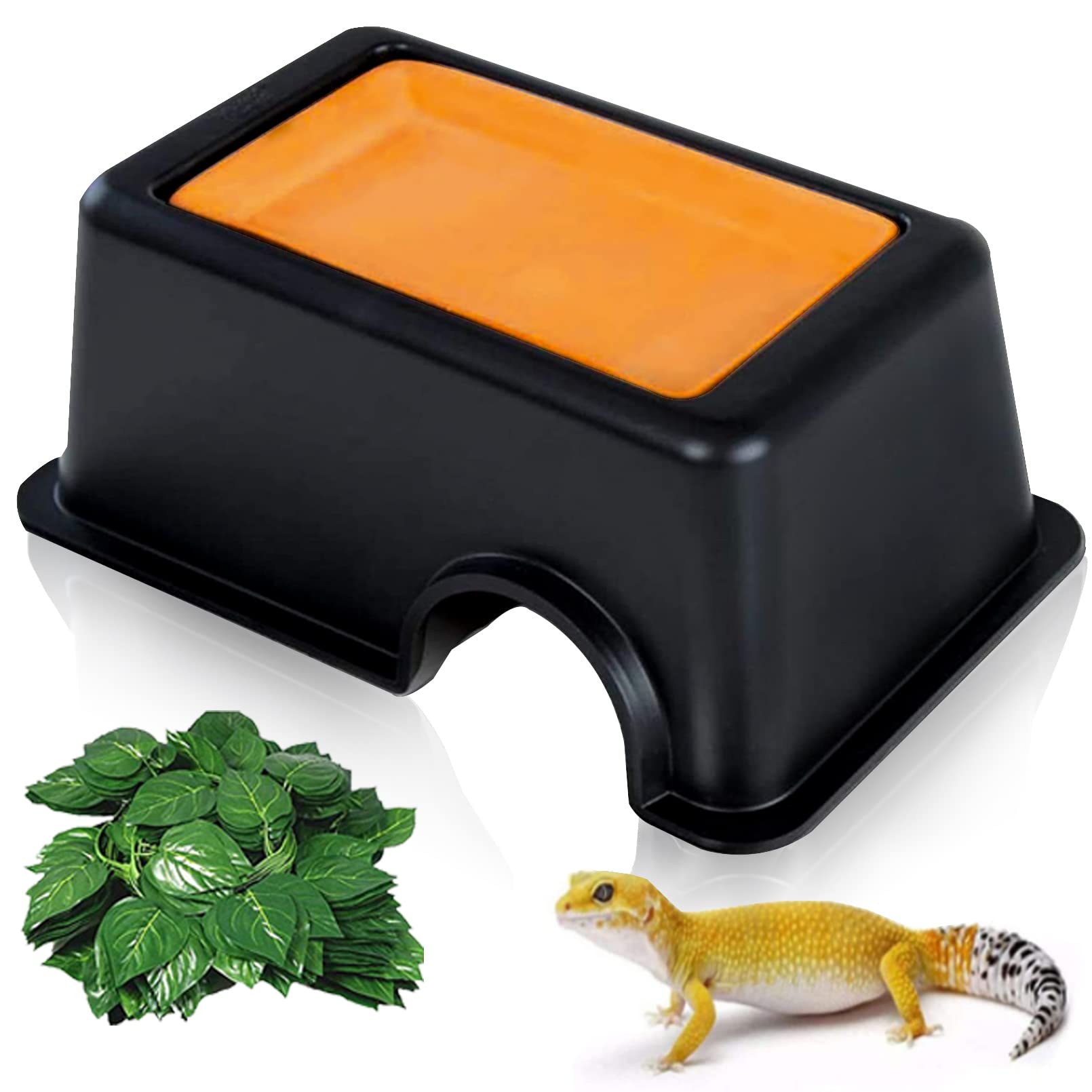 Hamiledyi Reptile Hide Box Gecko Hideout Cave with Sink Humidifier Lizards Hideaway Hut Flexible Leaves Pet Habitat Decor for Sn