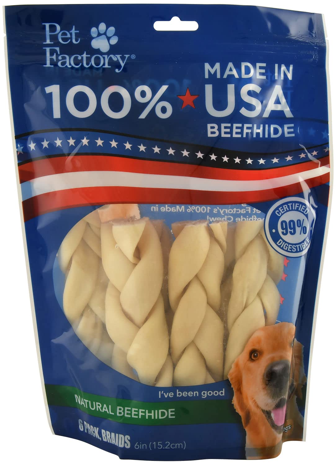 Pet Factory 100% Made in USA Beefhide 7 Braided Sticks Dog Chew Treats - Natural Flavor, 6 Count/1 Pack