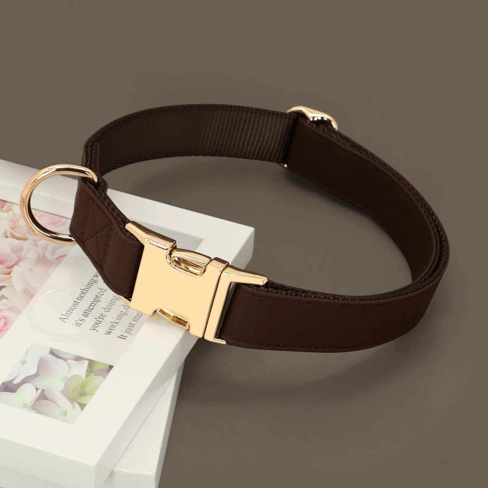 Pet Artist Charming Nylon Dog Collar With Leather Soft Comfy Elegant Nylon Collars For Dogs Small Medium Large 4 Bright Solid Color For Choosing Blue Red Brown Grey (Brown,Neck Fit 13-19'')