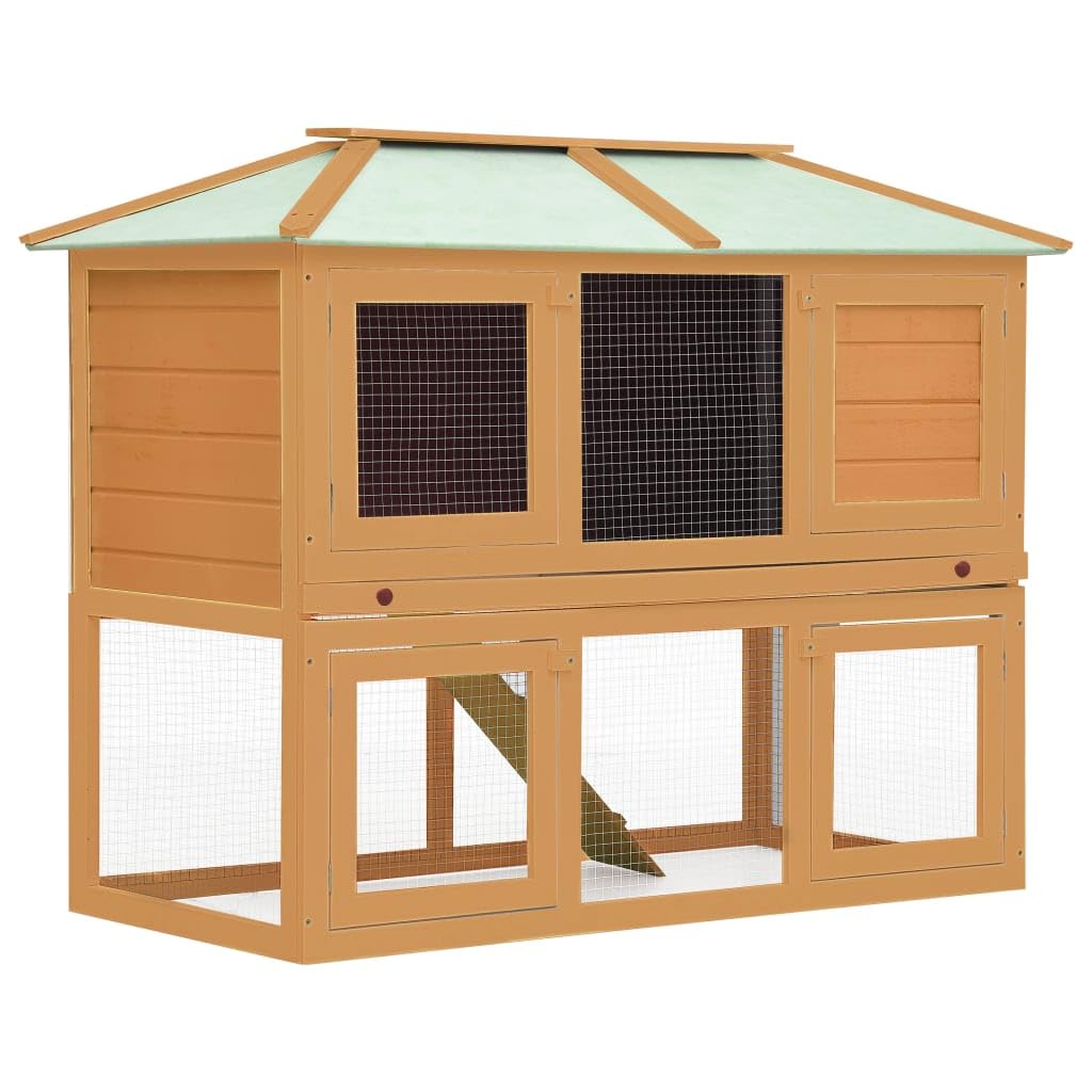 vidaXL Animal Rabbit Cage | Spacious Dual-Level Wooden Hutch | Durable Fir Wood Construction with Iron Wire Grid | Weather-Resis