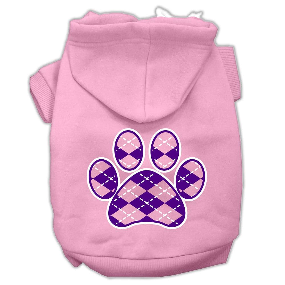 Pet Dog & Cat Hoodie Screen Printed, 'Purple Argyle Paw' Light Pink 2Xl (20-25 Lbs.)