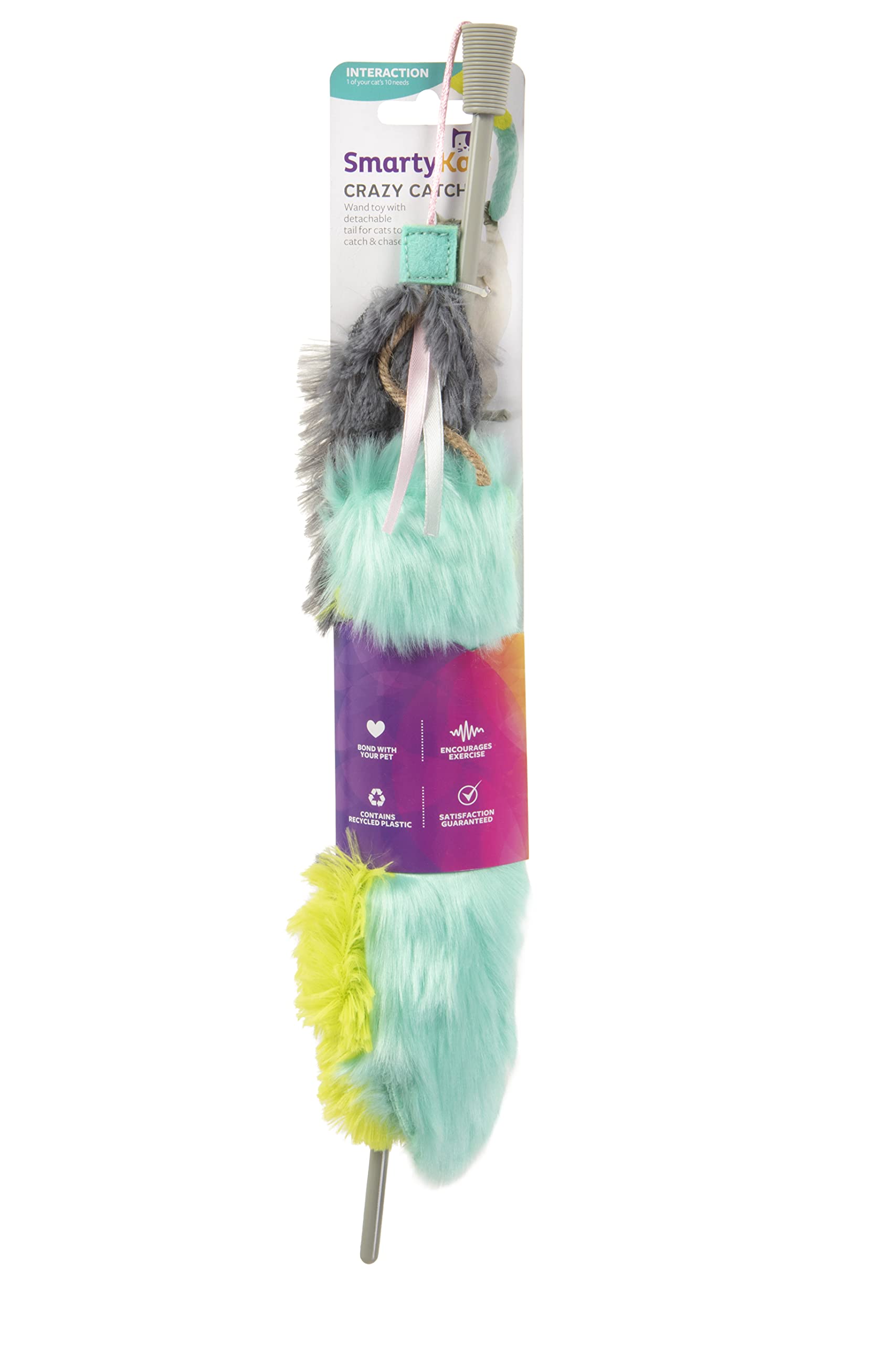 Smartykat Crazy Catch 3-Part Breakaway Wand Cat Toy - Green/Yellow/Gray, One Size