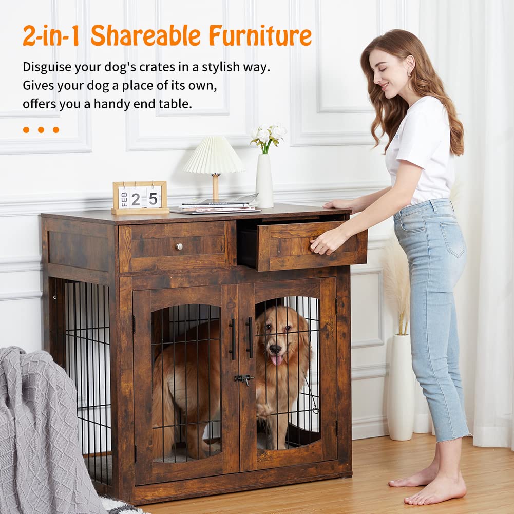 Rustic Brown Dog Crate Furniture Table with 2 Drawers & 3 Doors - Indoor Dog Kennel & House - Side End Table - 39.4 L