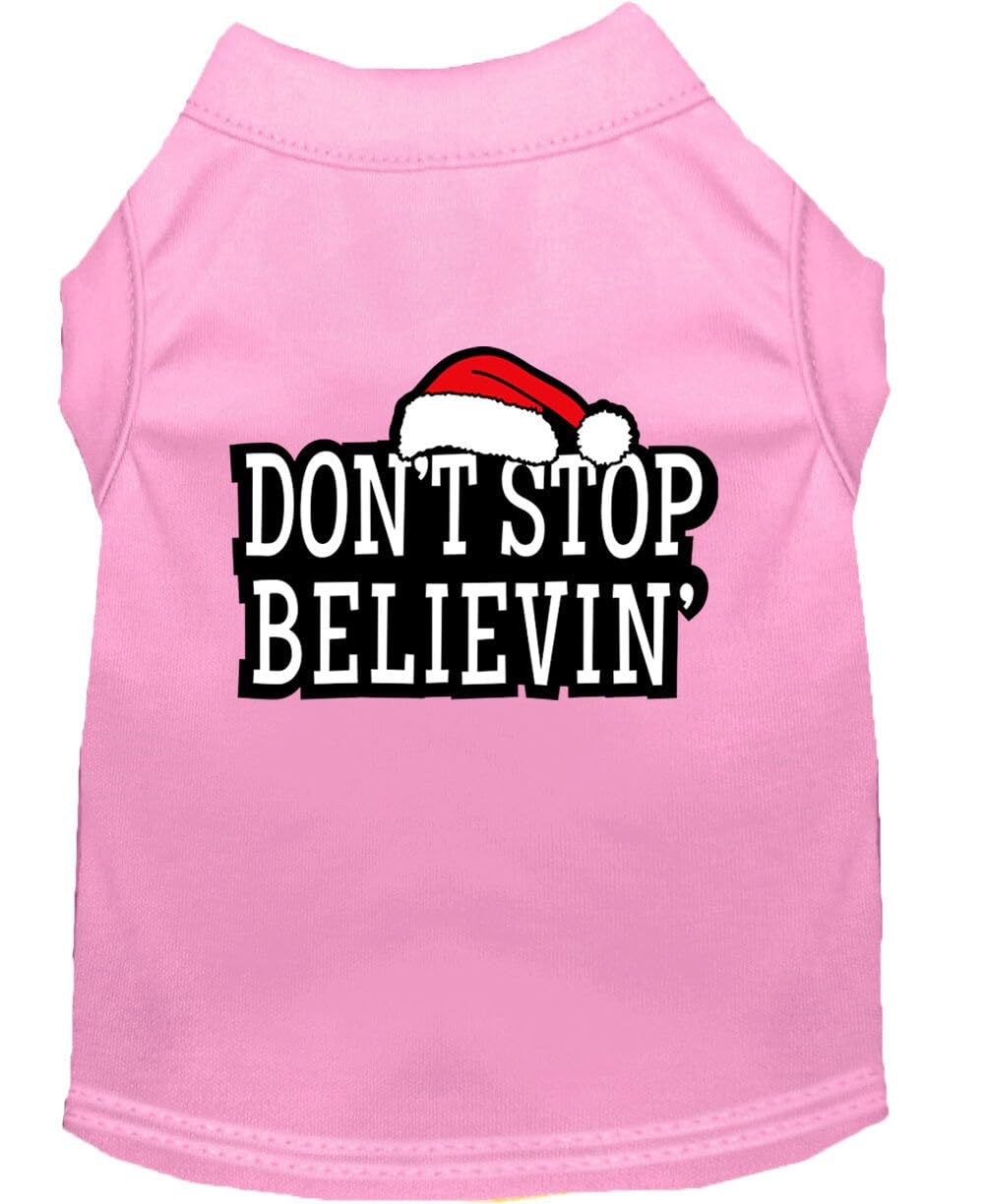 Christmas Screenprinted Dog Shirt, ''Don't Stop Believin'' Light Pink MD (6-10 lbs.)