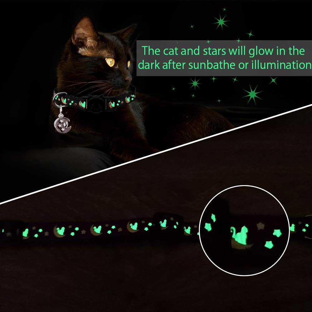 2Pcs Breakaway Cats Collars Cat Collars For Boy Cats Moons Adjustable Kitten Collars With Bell & Pendant Glow In The Dark,Black+