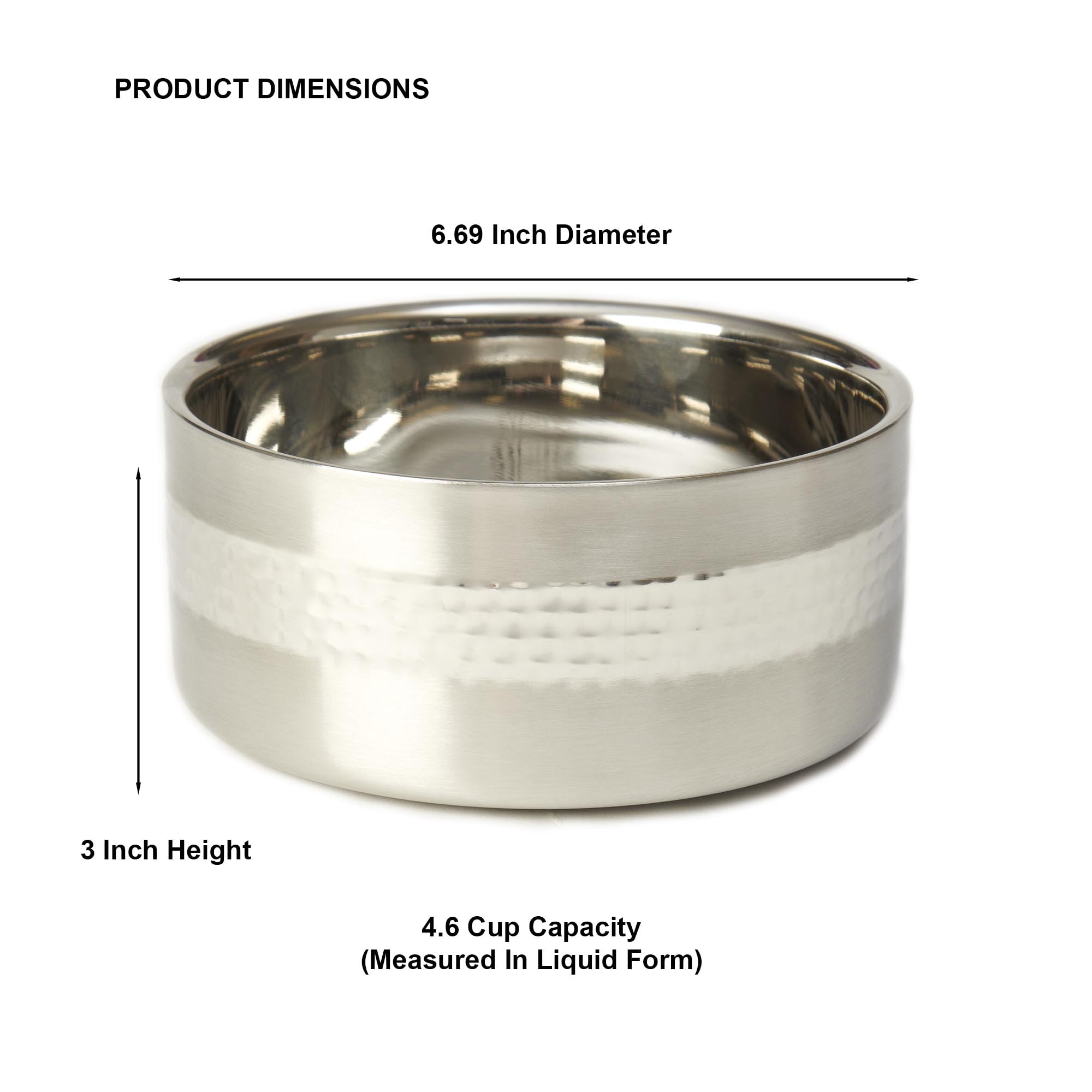 PetRageous 18436 Sanibel Stainless-Steel Hammered Double Walled Dog Bowl 6.69-Inch Width and 3-Inch Height 4.6-Cups Capacity, Me