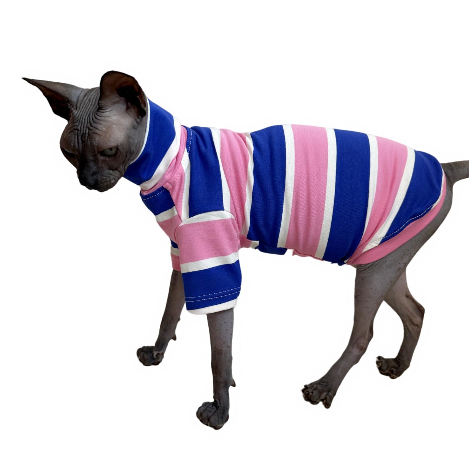 Vintage Stripes Sphynx Hairless Cats Shirt Cotton Cat Turtleneck Pet Clothes Kitten T-Shirts With Sleeves For Sphynx Cats (Wide