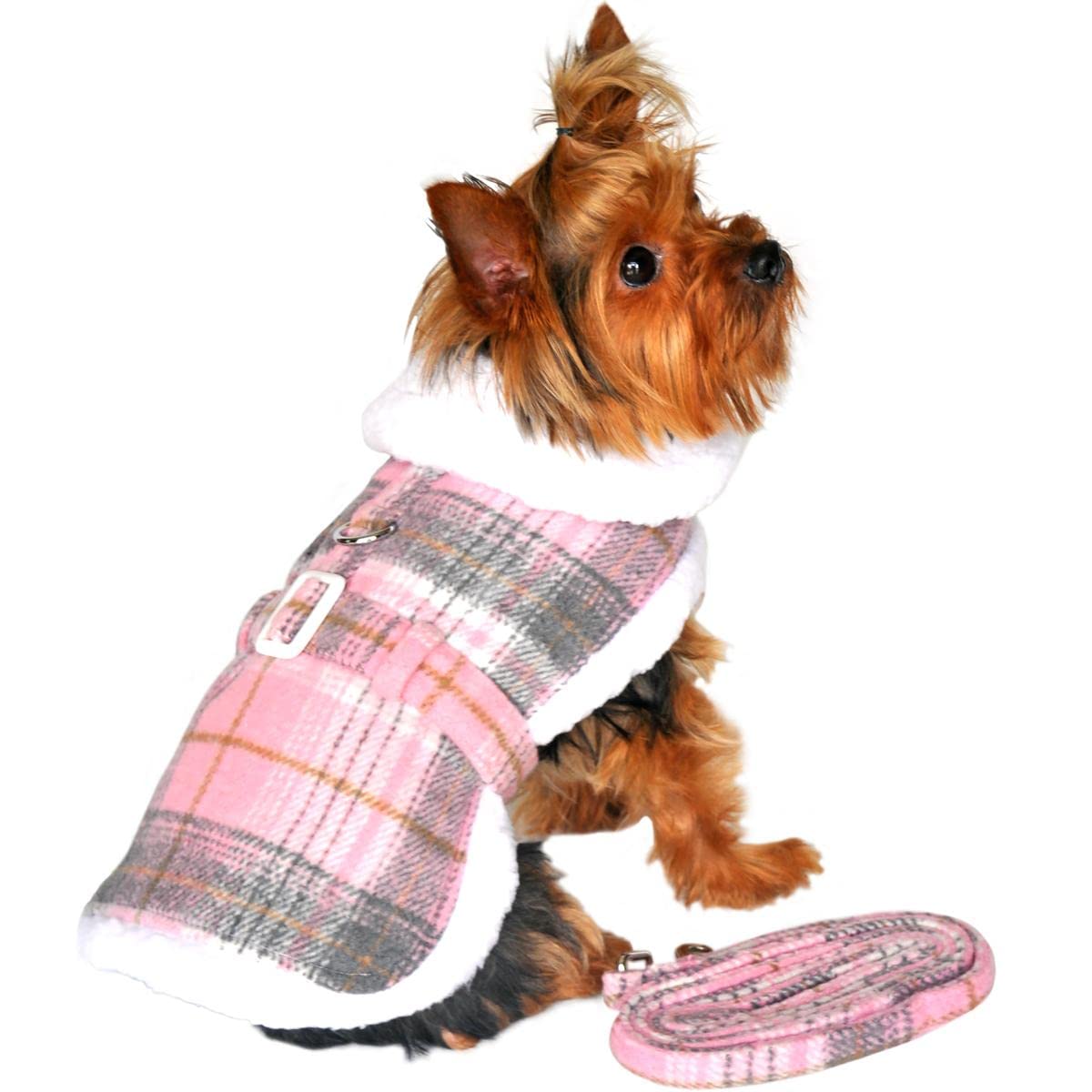 Doggie Design Plaid Fur-Trimmed Dog Harness Coat - Pink And White (X-Large)