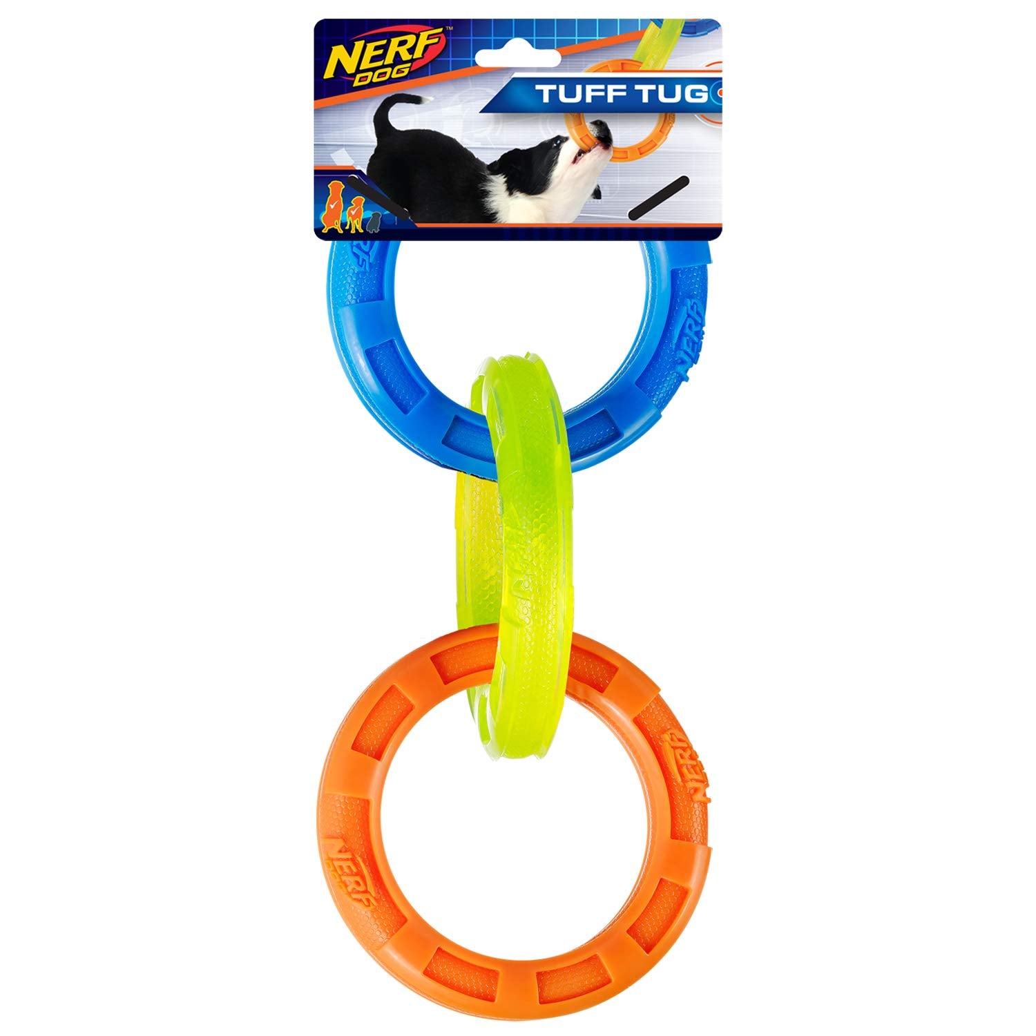 Nerf Dog 10.5In Rubber 3-Ring Tug Dog Toy, Lightweight, Durable And Water Resistant, Single Unit, Blue/Green/Orange