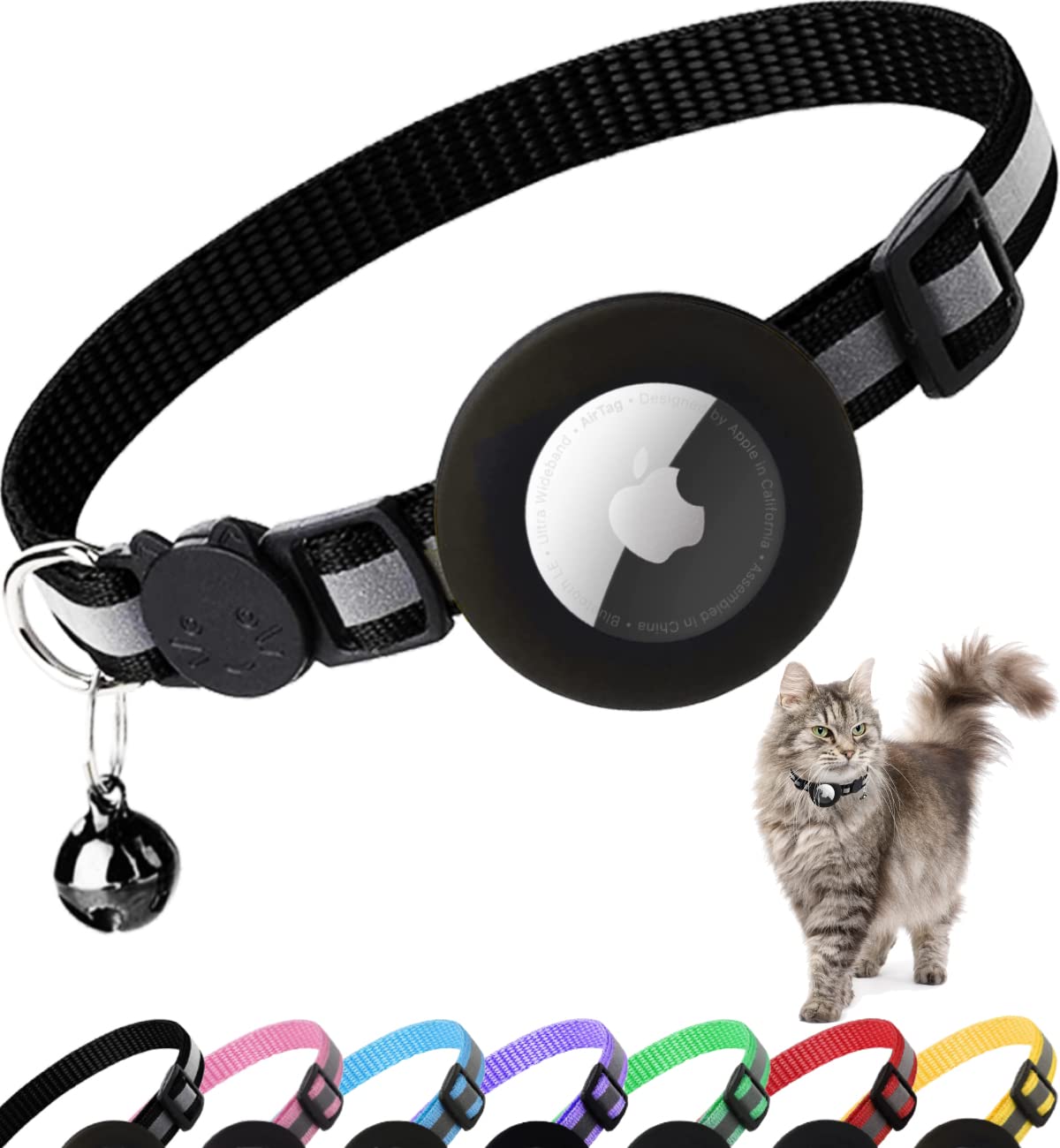 Dgerp Airtag Cat Collar Breakaway, Reflective Kitten Collar With Apple Air Tag Holder And Bell For Girl Boy Cats, 0.4 Inches In Width And Lightweight(Black)