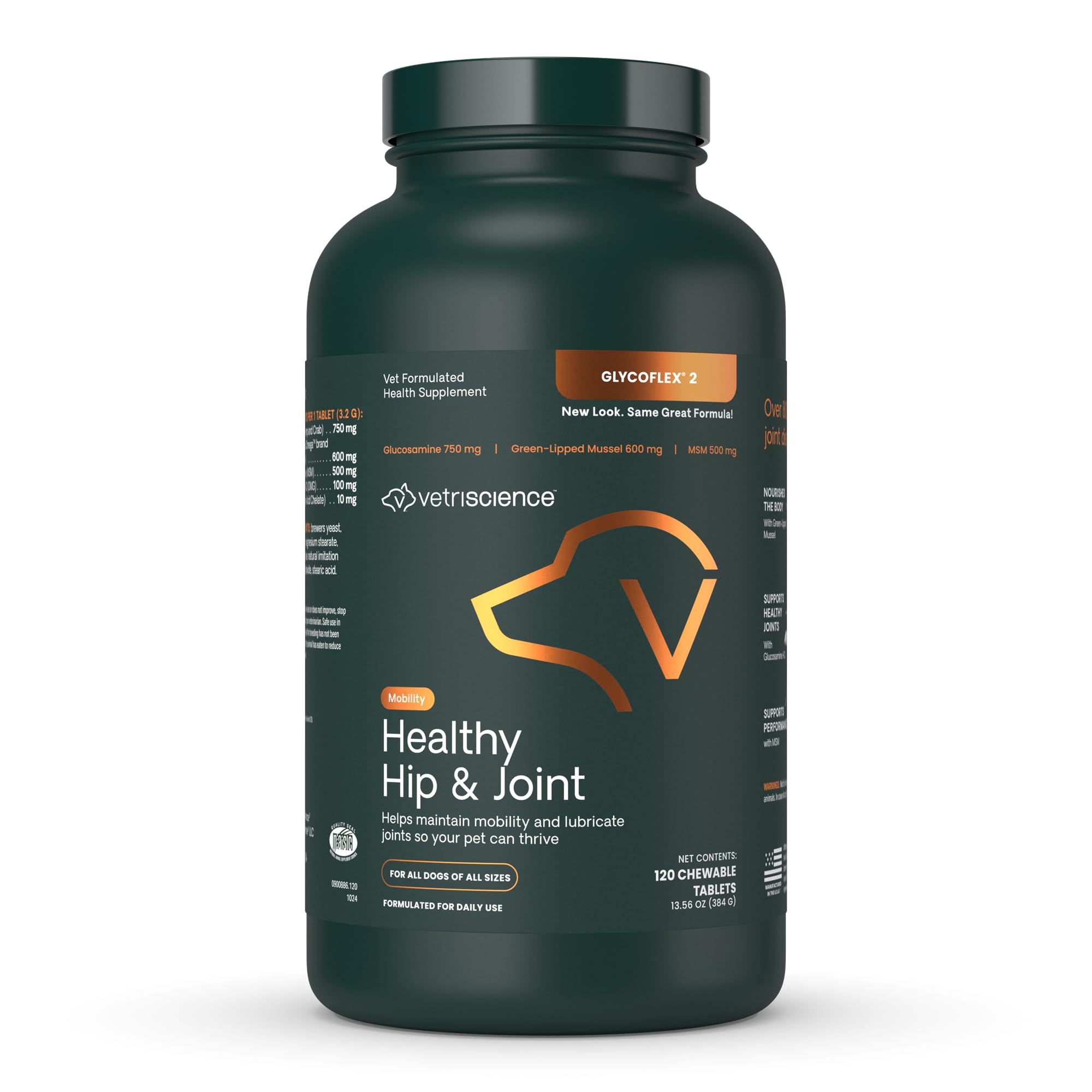 VetriScience Healthy Hip & Joint Chewable Tablets, GlycoFlex Glucosamine and Green-Lipped Mussel Joint Support Supplement for Do