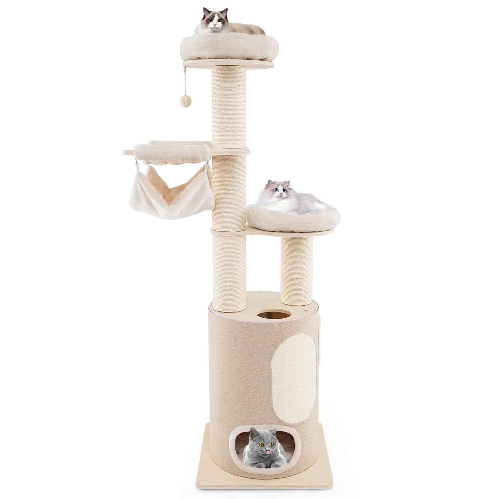 Tangkula Cat Tree Tower, 74 Inch Multi-Level Tall Cat Tower With Sisal Scratching Posts, 2-Story Cat Condo, 2 Hammocks, 2 Perche