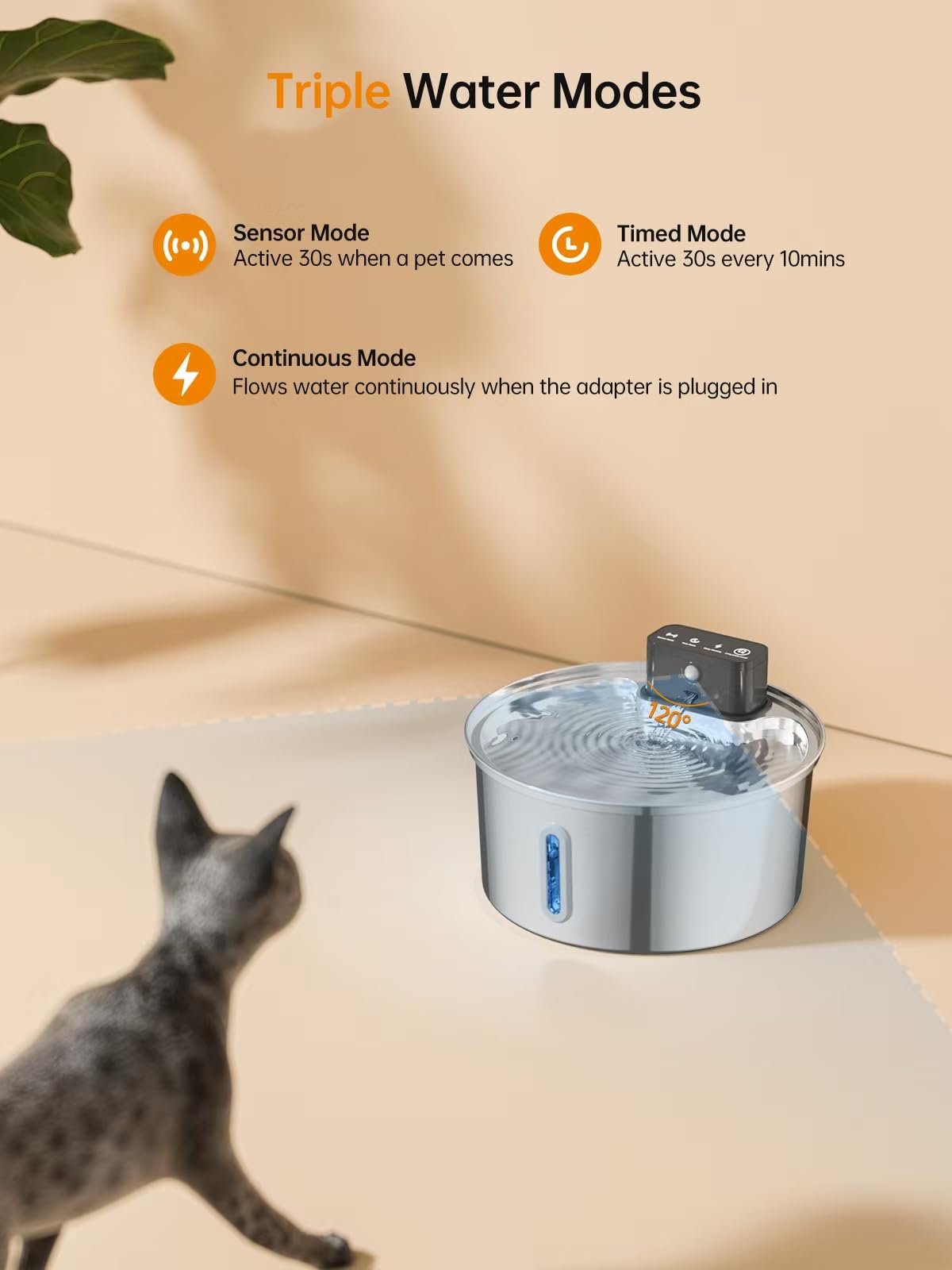 Wireless Cat Water Fountain, Stainless Steel Cordless Cat Fountain, 108Oz/3.2L Automatic Pet Water Fountain, 4000Mah Battery Ope