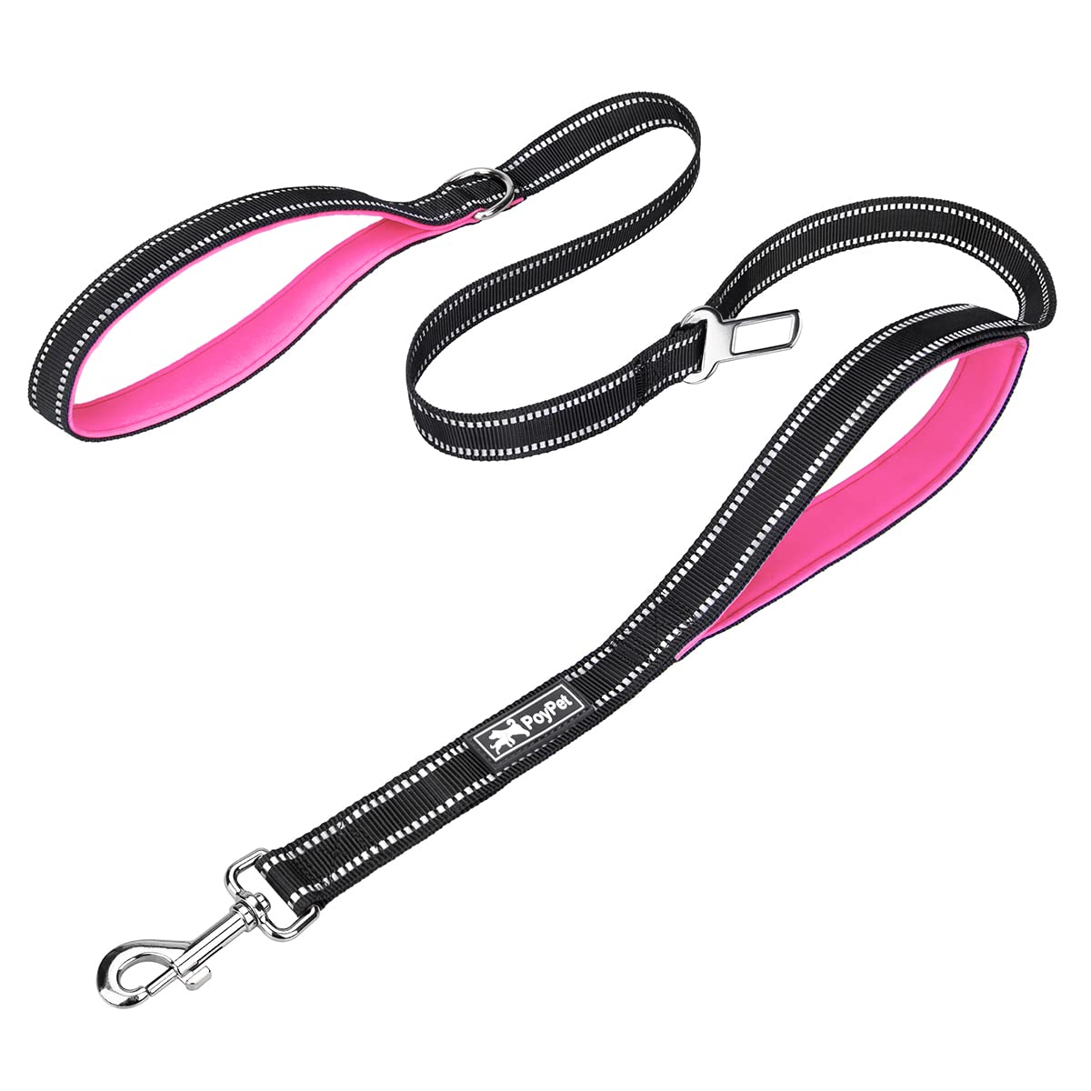 Poypet 5 Feet Heavy Duty Dog Leash - Car Seat Belt - 2 Handles -Padded Traffic Grip For Extra Control(Pink)