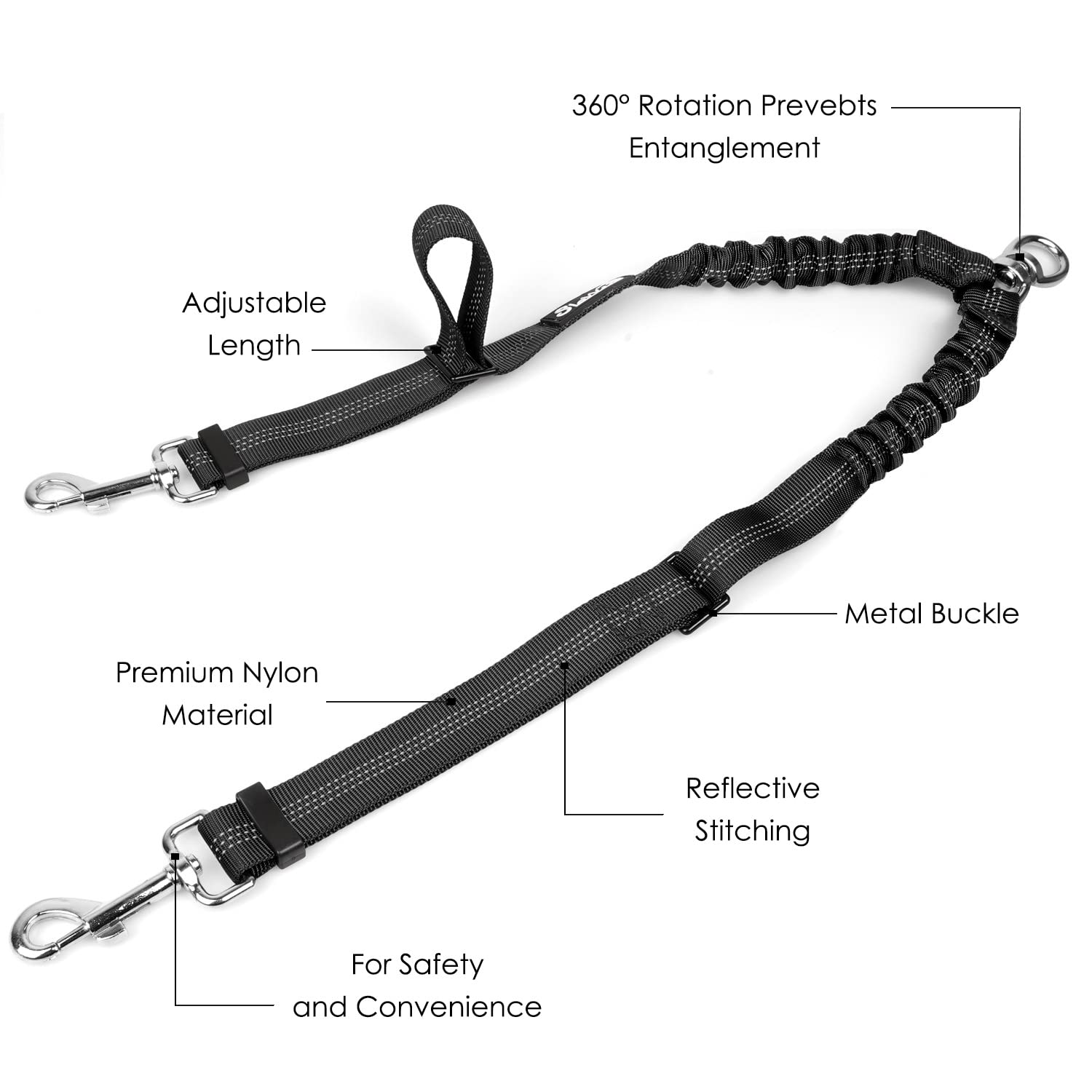 Autowt Double Dog Leash, No Tangle 360?Swivel Rotation Reflective Lead Attachment Adjustable Length Dual Two Dog Lead Splitter, Comfortable Shock Absorbing Walking Training For 2 Dogs