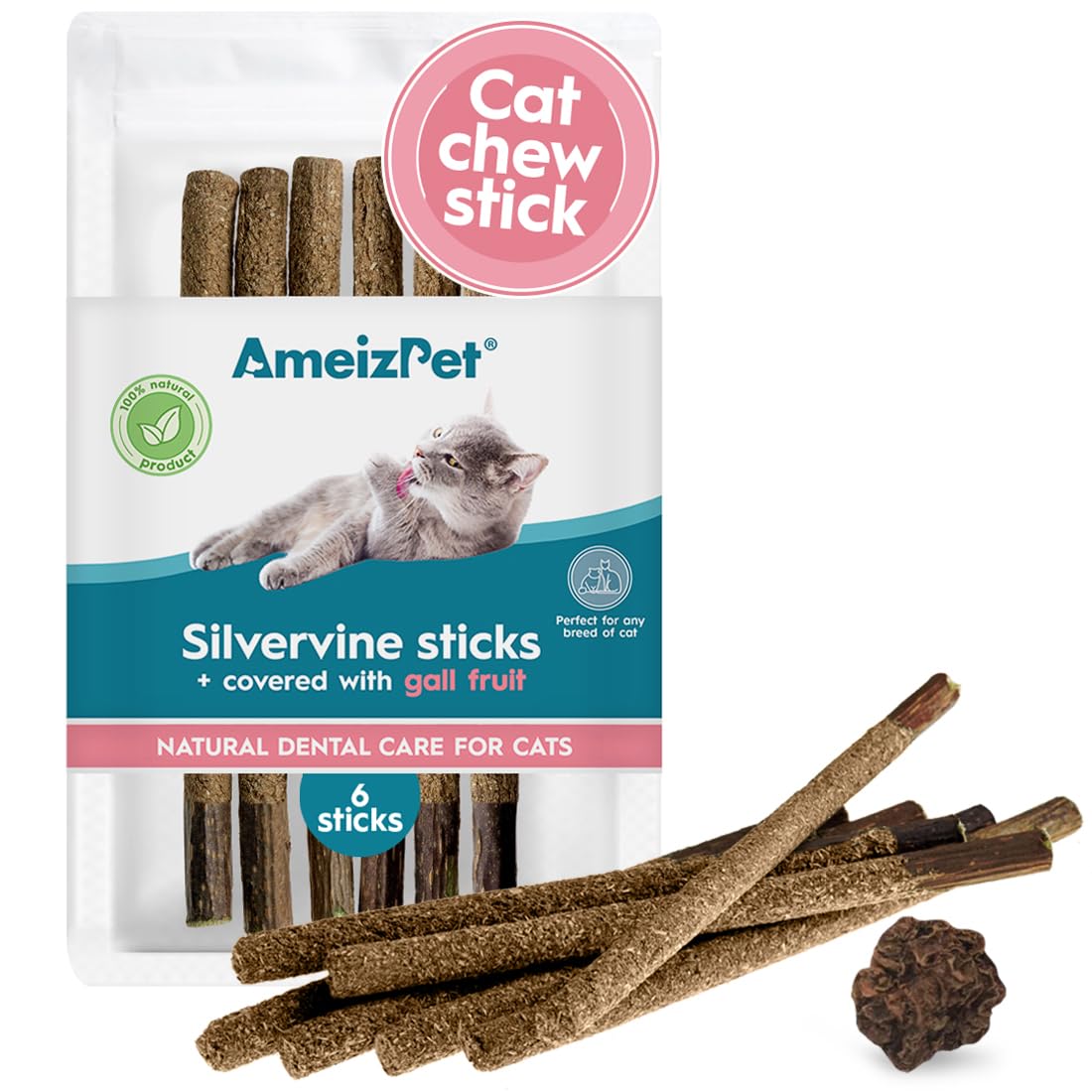 Ameizpet Silvervine Sticks For Cats, Chew Sticks Covered With Gall Fruit Dust - Natural Matatabi Cat Dental Care, Catnip Cat Teeth Cleaning Dental Sticks, 6 Pcs