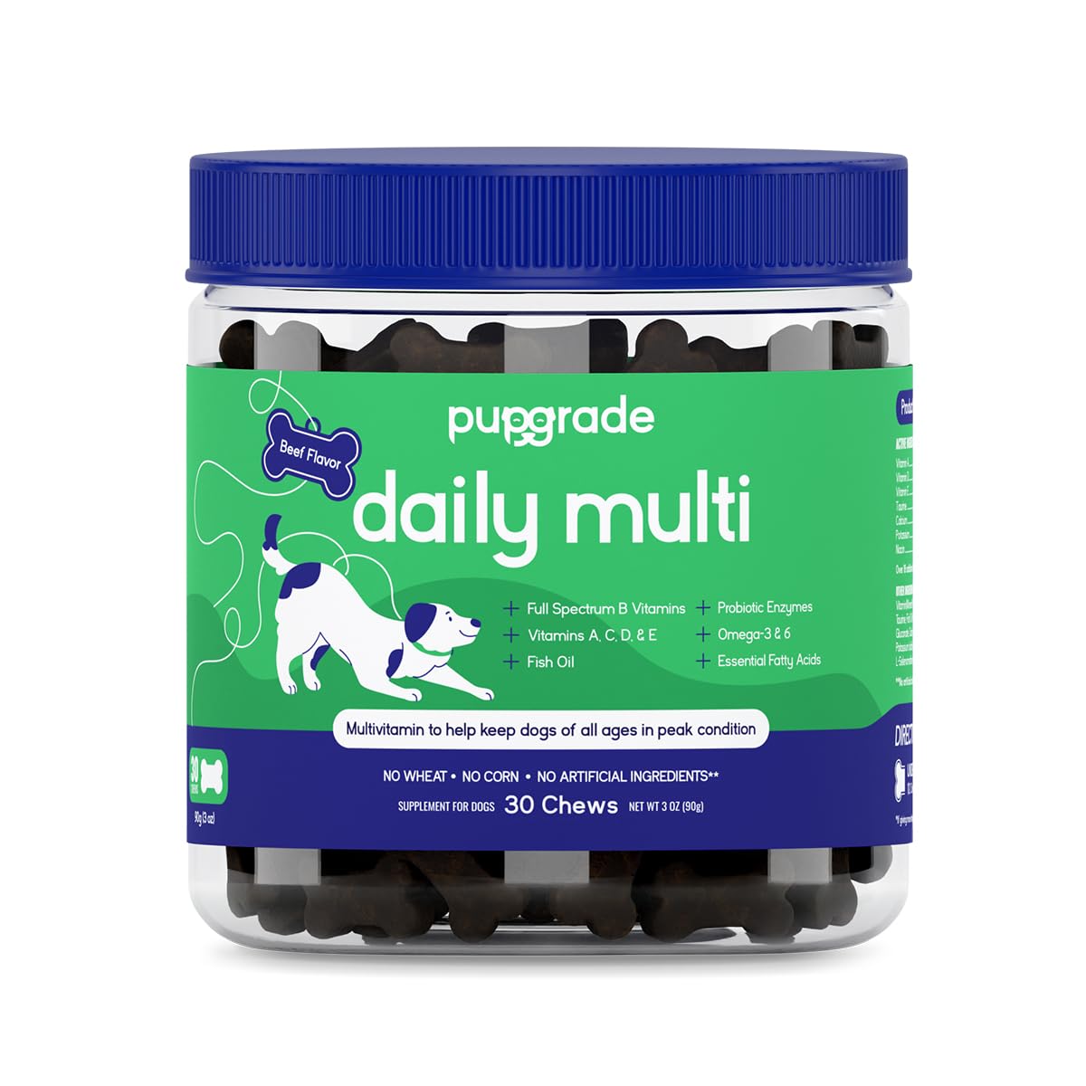 Pupgrade Daily Multivitamin For Dogs - All-In-One Supplement For Digestive, Immune, Skin And Coat Health - 32 Healthy Nutrients, Probiotic Enzymes, Omega Fish Oil, Vitamins A, C, D & E - 30 Soft Chews