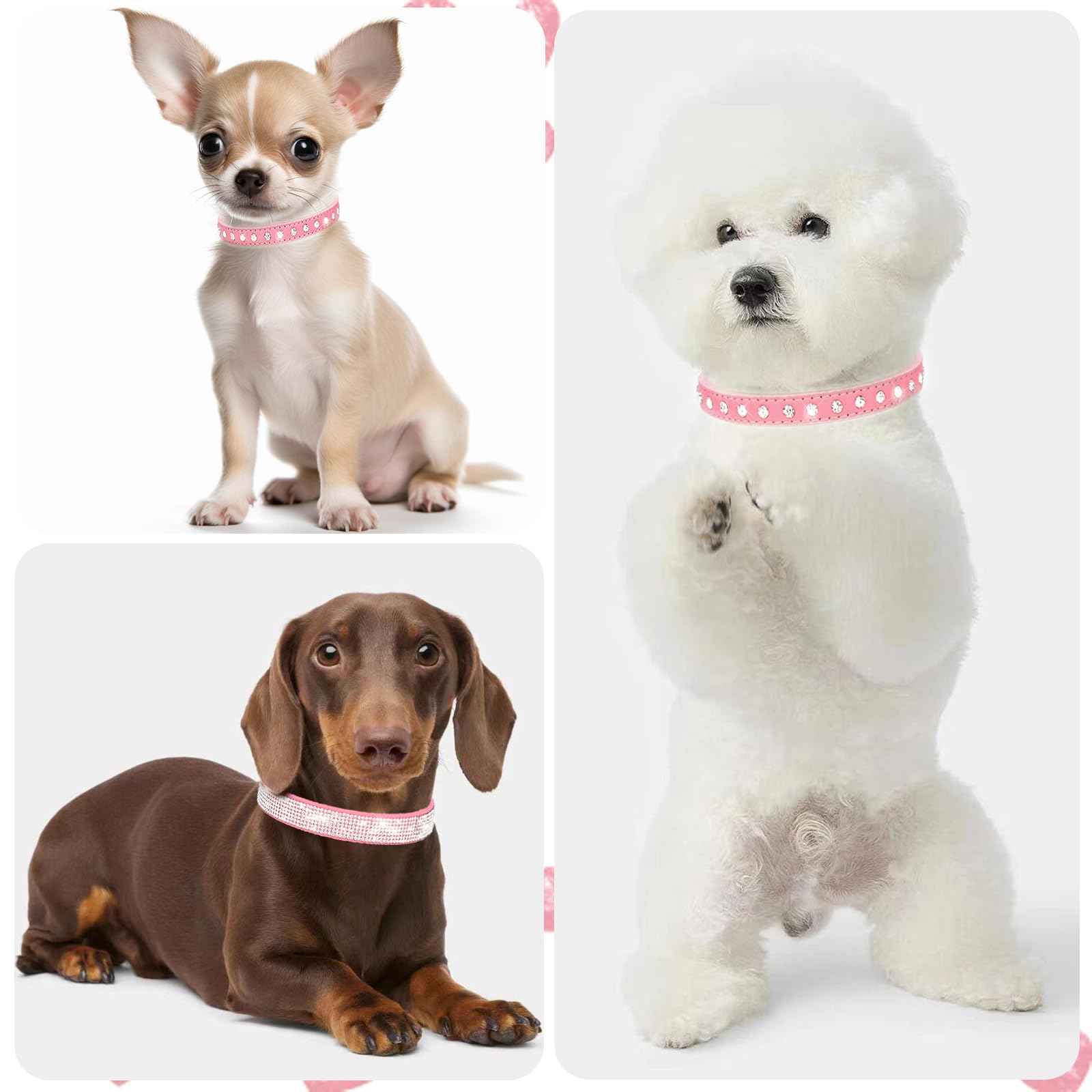 Pink Bling Xs Dog Collar, 2-Pack Rhinestone Cat Collar Soft Suede Glitter Diamond Jewelry Crystal Girl Puppy Collar With Bow For