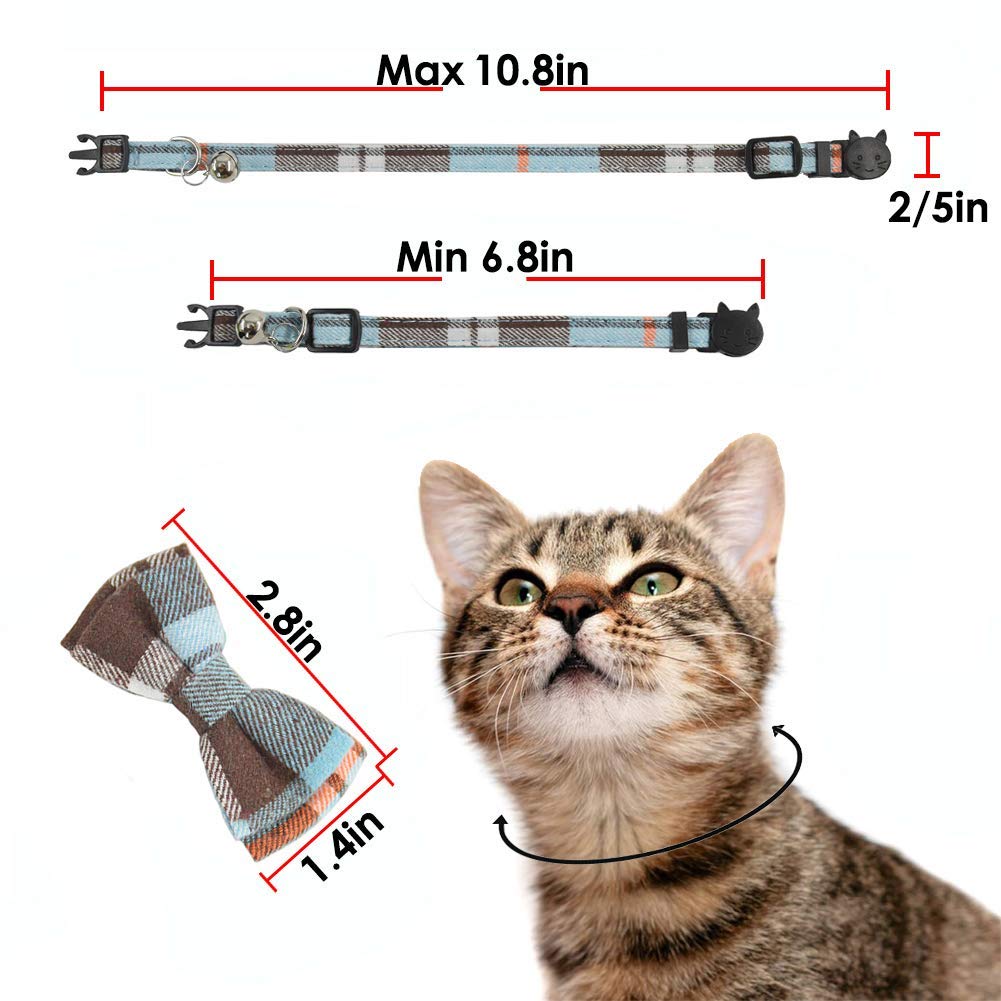 Cat Collar Breakaway With Bell And Bow Tie, Plaid Design Adjustable Safety Kitty Kitten Collars Set Of 2 Pcs (6.8-10.8In) (Green&Light Blue Brown)