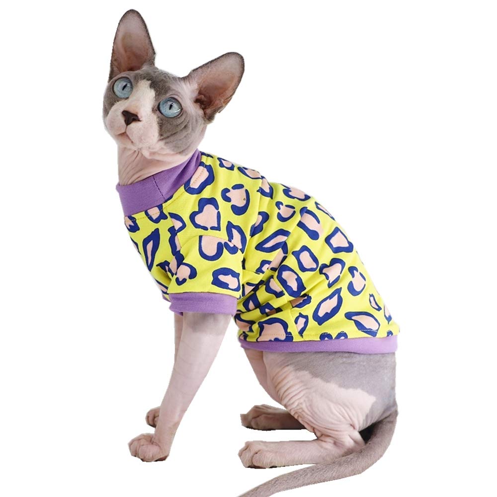 Sphynx Hairless Cat Cute Summer Cotton T-Shirts Pet Clothes,Round Collar Kitten Shirts Cats Apparel (Leopard, Medium (Pack Of 1)