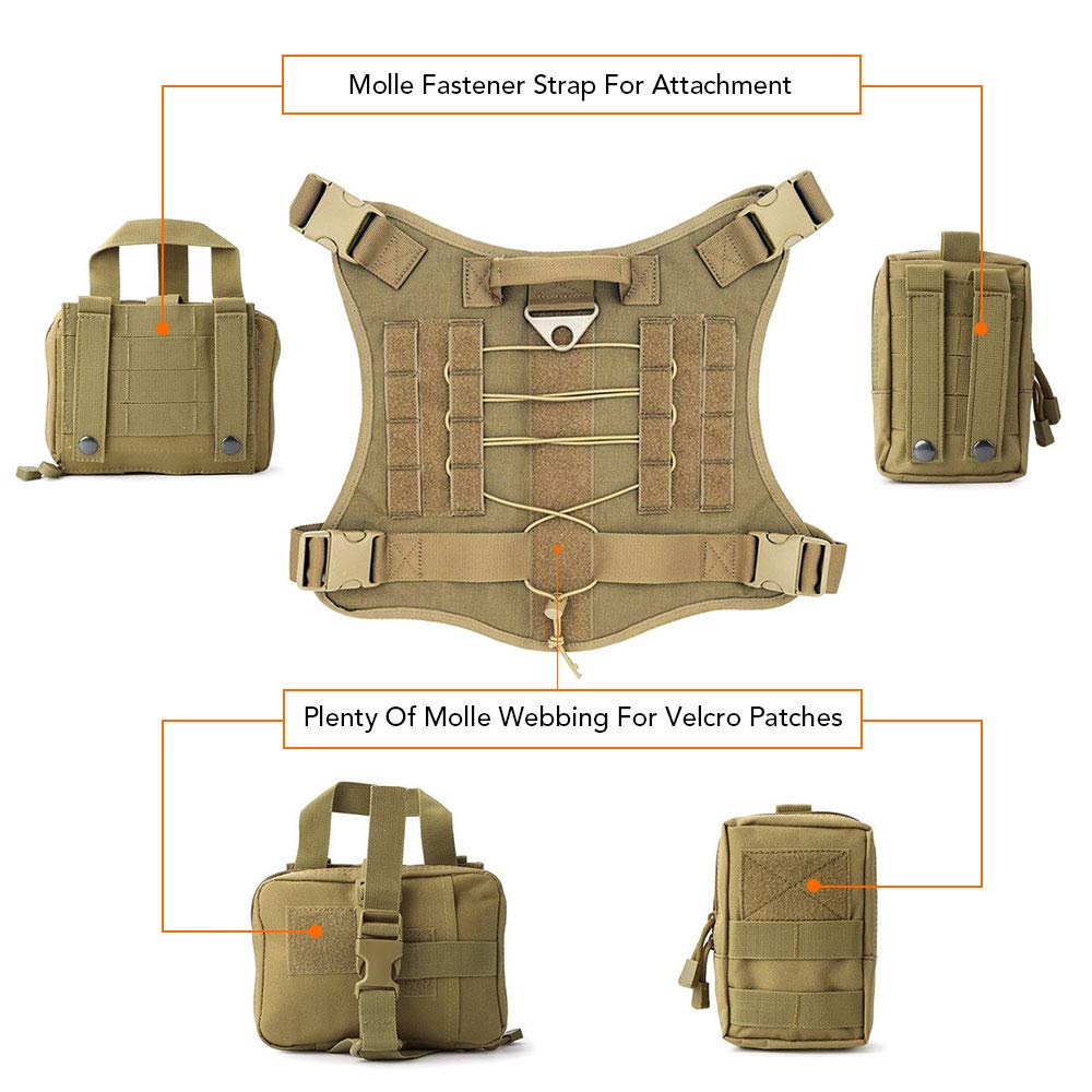 Tactical Service Dog Harness, Dog Training Vest Pet Harness With Molle Pouches And Bottle Holder-Tan-L