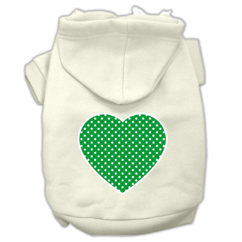 Pet Dog & Cat Hoodie Screen Printed, 'Green Swiss Dots Heart' Cream Xs (0-3 Lbs.)