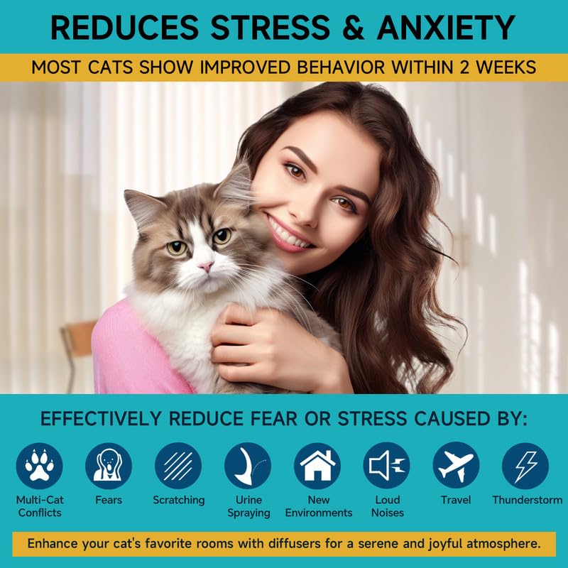 Woyamay Cat Calming Diffuser Kit - 3-in-1 with 1 Diffuser & 2 Refills, 48ml, Model CC02 - Relieves Cat Anxiety for 60
