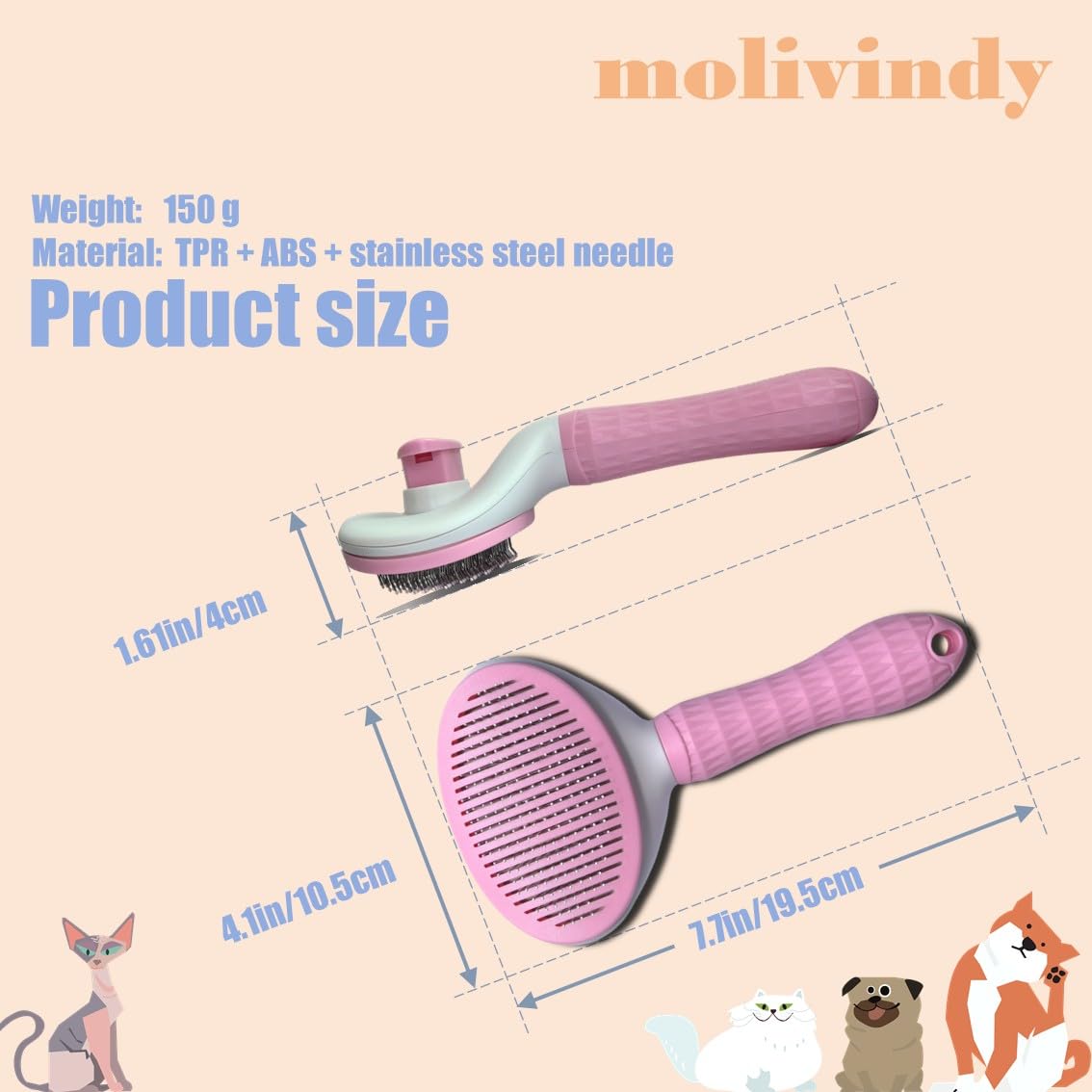 Molivindy Self Cleaning Slicker Brush,Dog Brush With Massage Particles,Removes Loose Hair & Tangles,Skin Friendly & Promote Circ