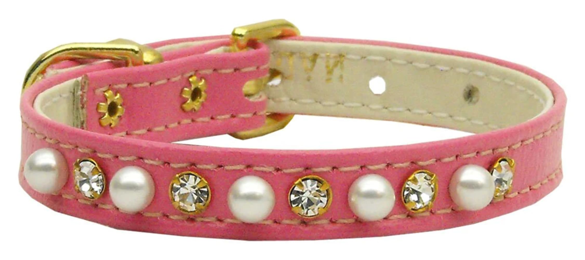 Dog, Puppy and Pet Collar, 3/8&quot; Wide Pearl & Clear Crystals - 8 - Gold