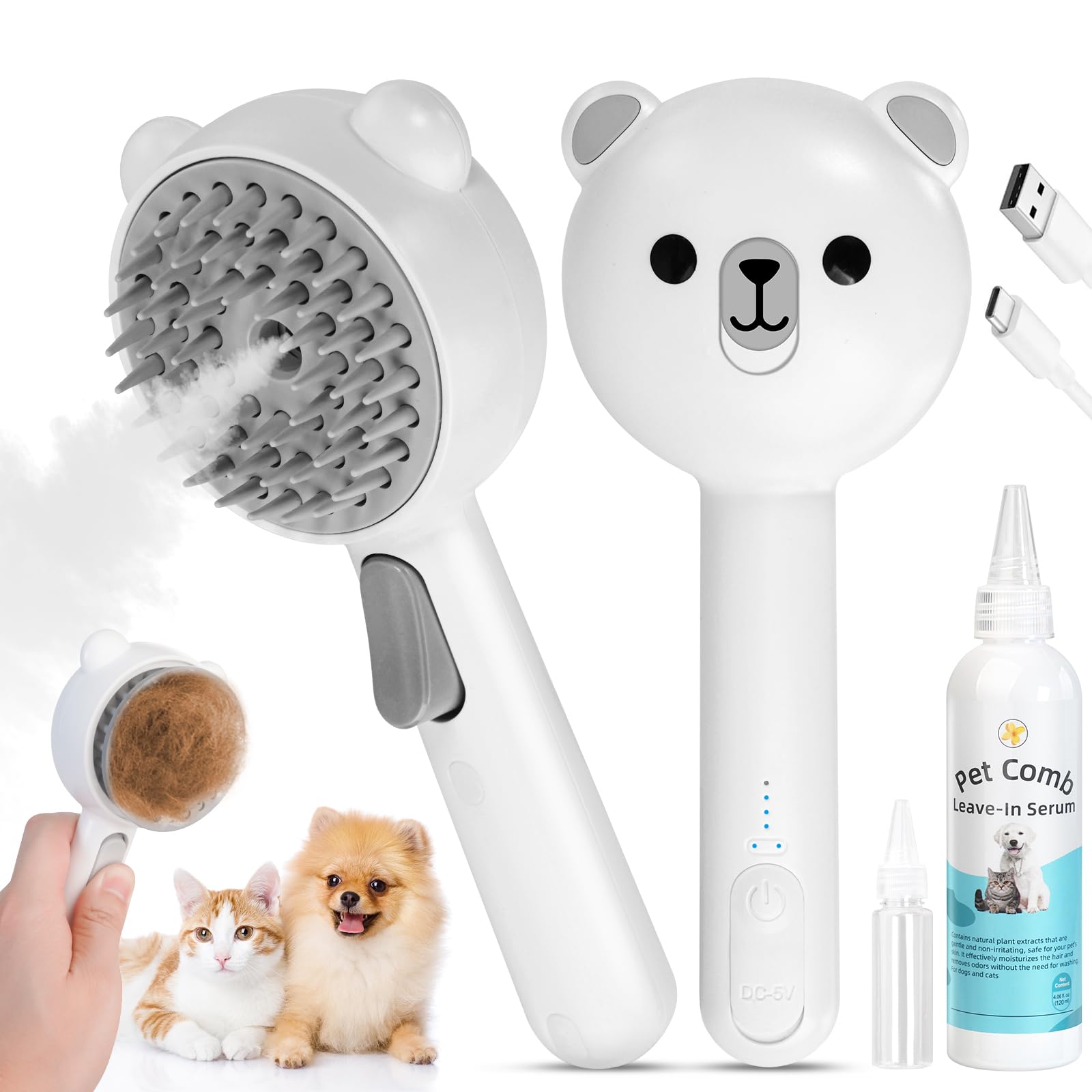 4 in 1 Pet Steam Brush for Cat & Dog, Cat Steam Brush for indoor Cats, Self Cleaning Shedding & Grooming Tool with Waterless Sha