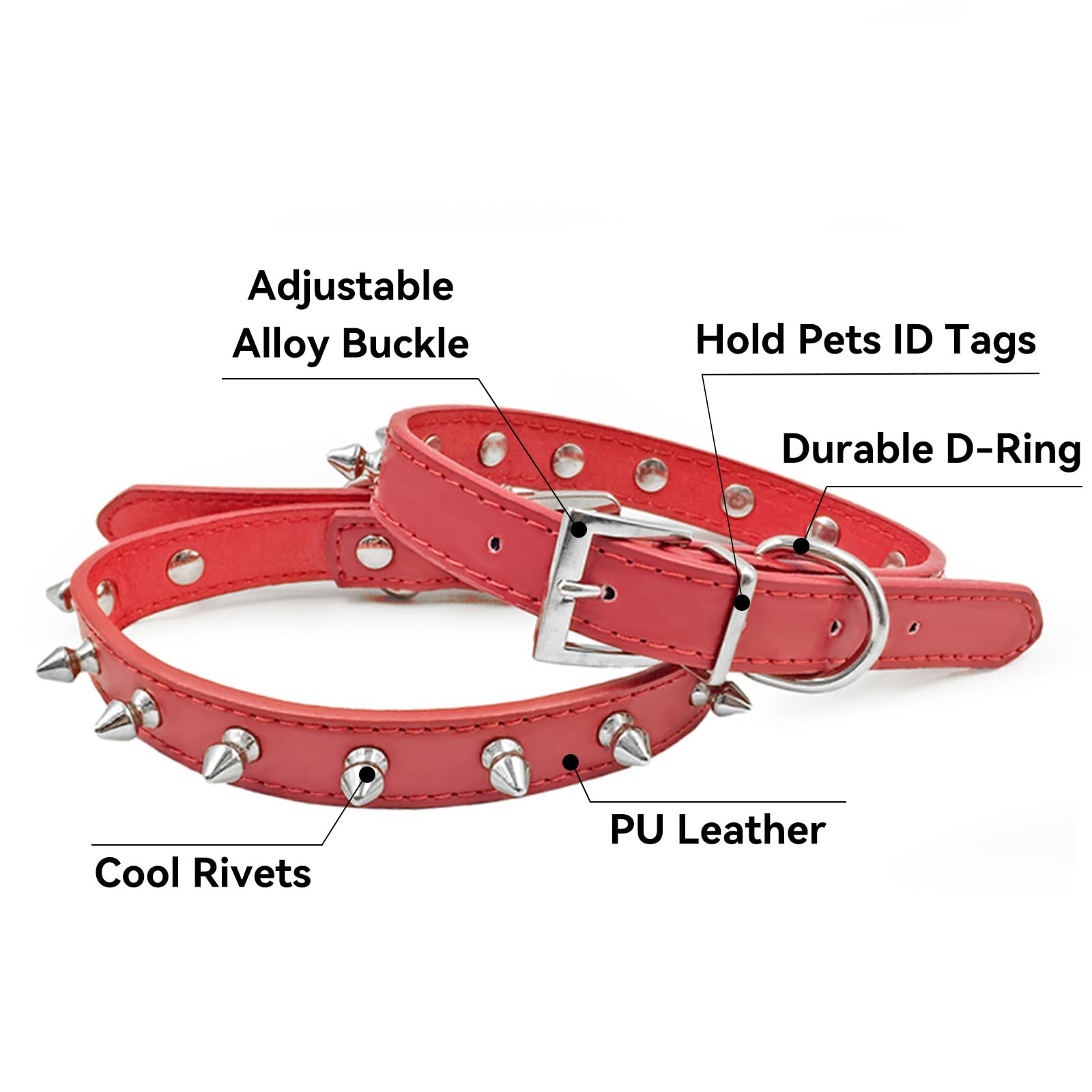 Enjoying Spiked Cat Collar, Leather Spikes Dog Collars For Cats Small Dogs, Adjustable Pet Collar With Rings, Red Xs