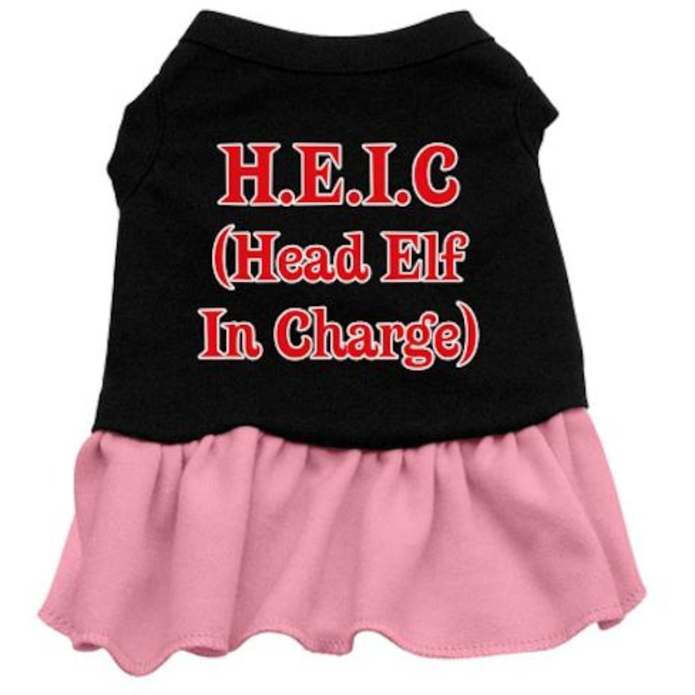 Christmas Pet Dog & Cat Dress Screen Printed, &quot;Head Elf In Charge&quot; Black W/Light Pink XS (0-3 lbs.)