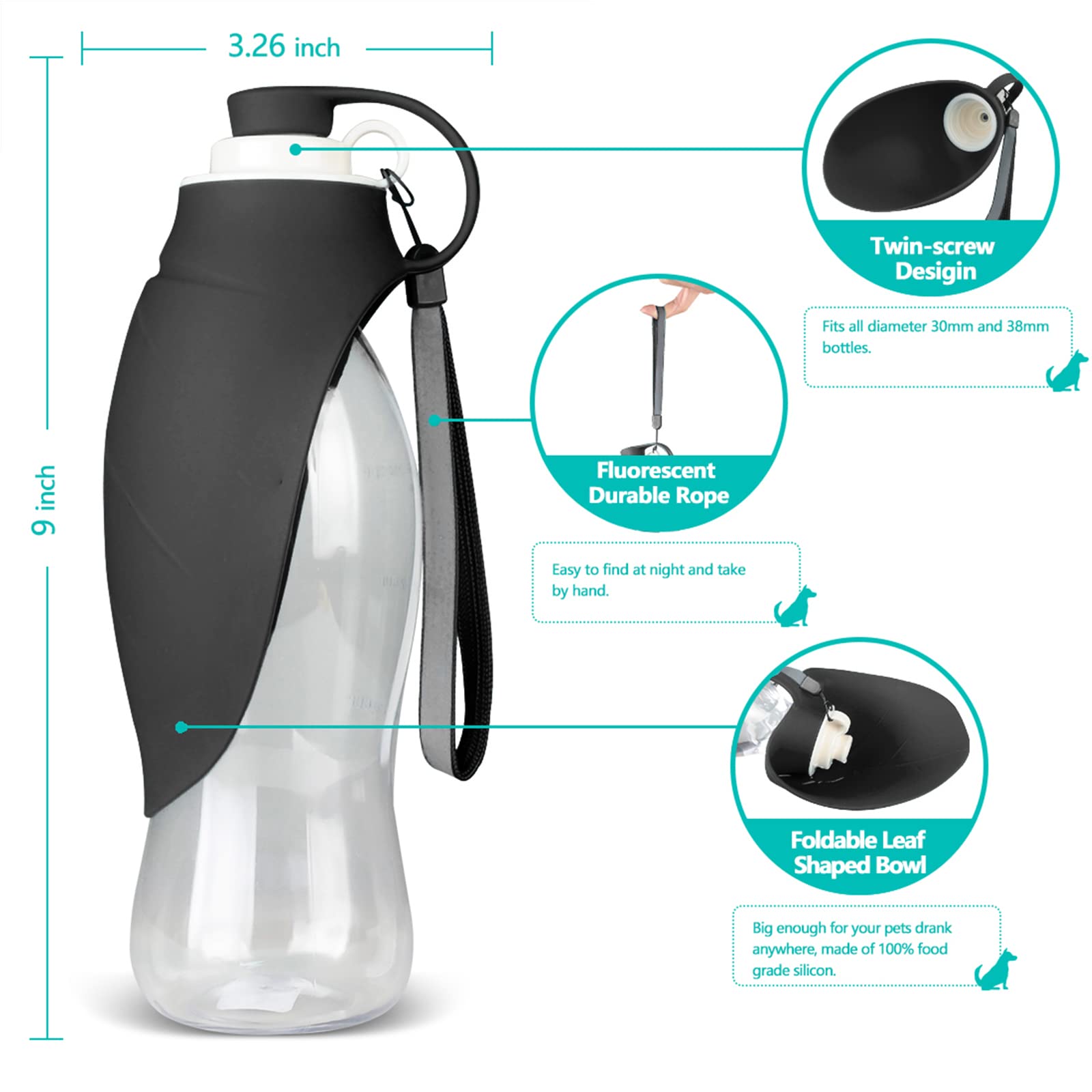 Tiovery Dog Water Bottle, Portable Pet Water Dispenser Feeder Leak Proof With Drinking Cup Dish Bowl For Outdoor Walking, Hiking, Travel, 20Oz Water Bottle Fit For Small To Large Dogs And Cats Black