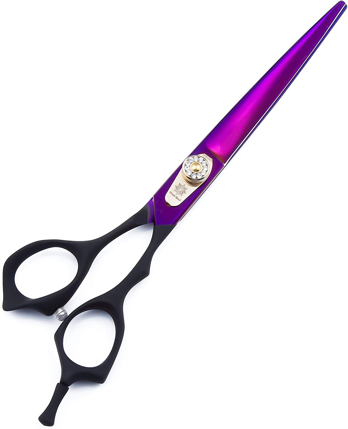 Dream Reach 7.0 Inches Professional Decompressed Elastic Handle Pet Grooming Scissors Set,Straight & Chunker & 2 Curved Scissors 4Pcs Set For Dog Grooming (Purple) (4Psc Set)