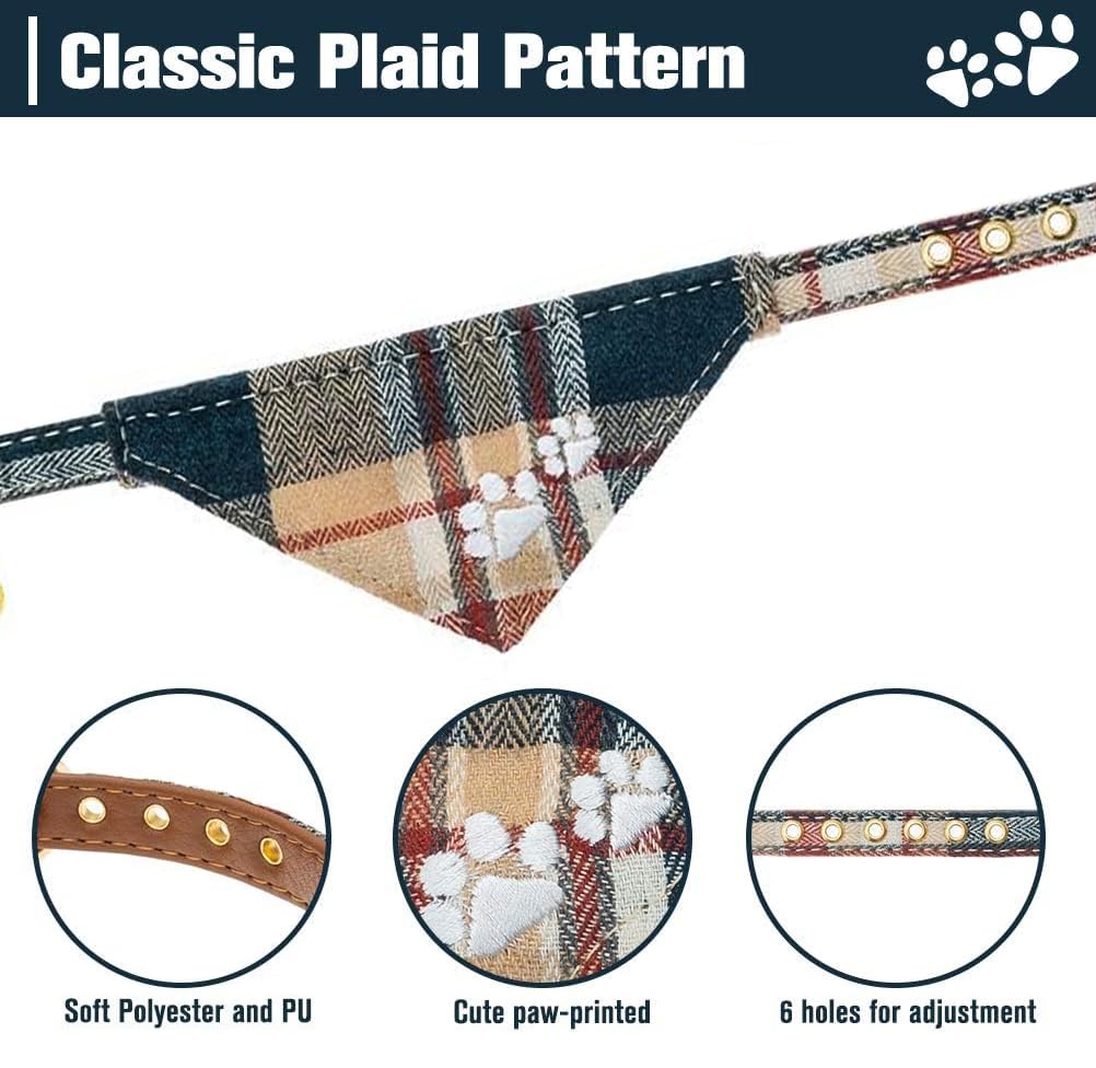 Expawlorer Dog Collar And Leash Set - Embroidery Pawprints Plaid With Bow Tie And Bandana, Adorable For Dogs Cats Outdoor Walkin