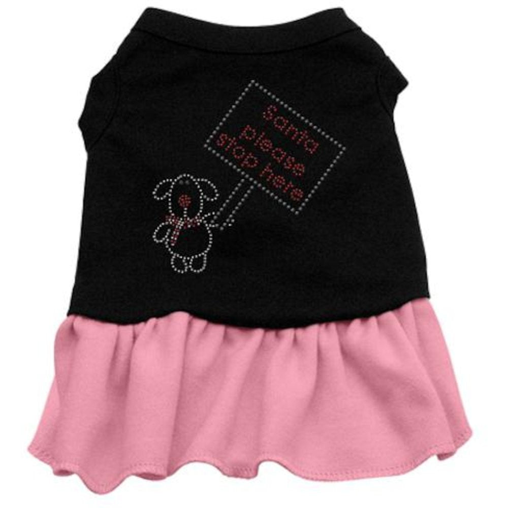Christmas Pet Dog & Cat Dress Rhinestone, Santa Please Stop Here Black W/Light Pink XS (0-3 lbs.) \