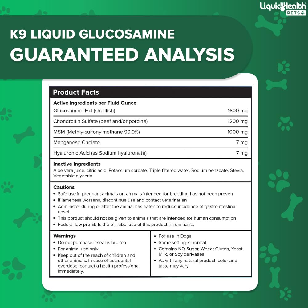 LIQUIDHEALTH K9 Liquid Glucosamine for Dogs - 128 Oz Joint Health Supplement with Chondroitin, MSM & Hyaluronic Acid
