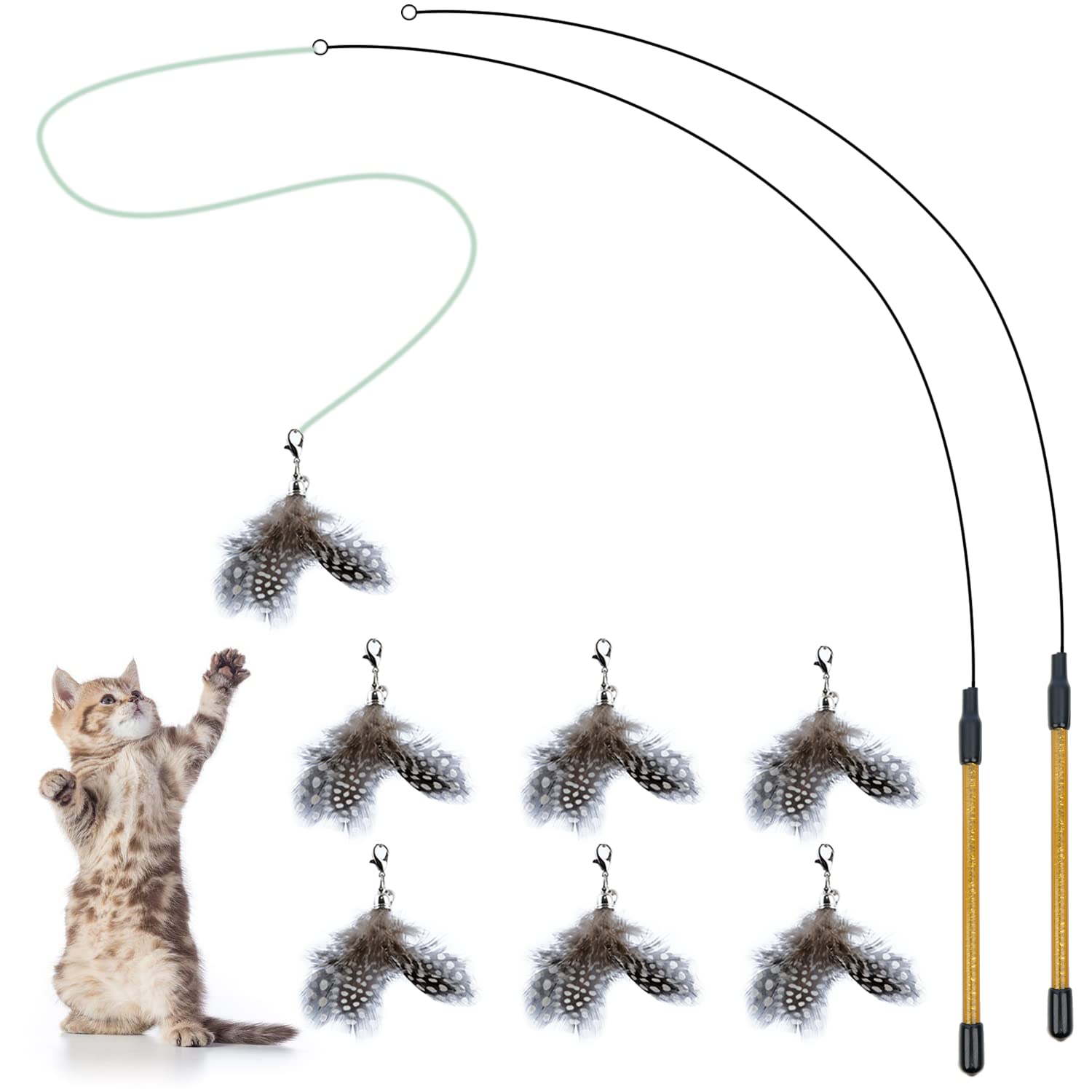 FUPUSUN Cat Feather Toys, Interactive Cat Toys Kitten Toys, 2PCS Elasticity Cat Wand Toy and 7PCS Feathers Refills, Cat Toys for
