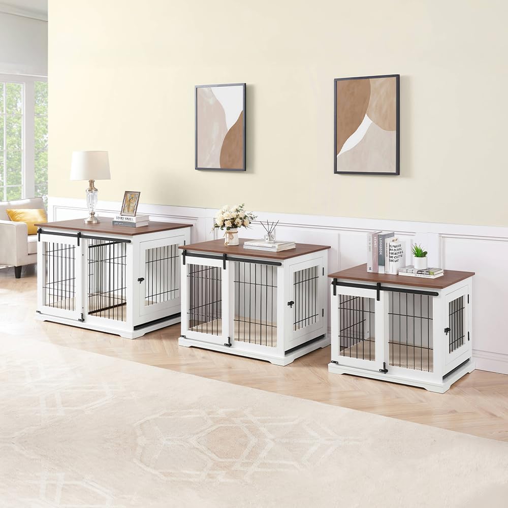 beeNbkks Dog Crate Furniture with Sliding Barn Door, Stylish Double Doors Wooden Kennel with Tray and Cushion, Decorative Indoor