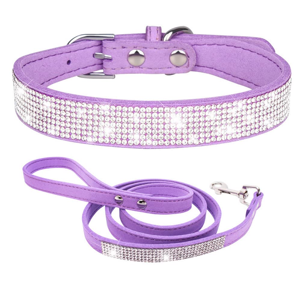Purple Rhinestone Dog Collar And Leash For Medium Dogs, Pretty Bling Dog Collar Diamond Crystal Glitter Jewel Girl Dog Collars F