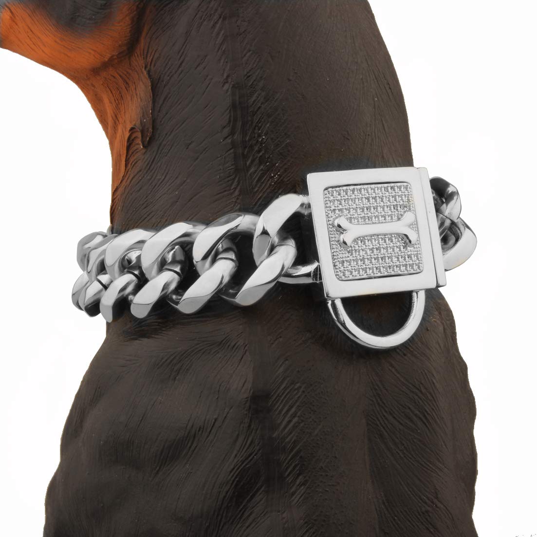 Aiyidi Heavy Pet Dog Collar, Stainless Steel Metal Slip Choker Collar, With Personality Rhinestone Lock, 19Mm Silver Cuban Link Chain,12-26Inch, Water-Proof, Chew-Proof, For Medium & Large Dogs(20'')